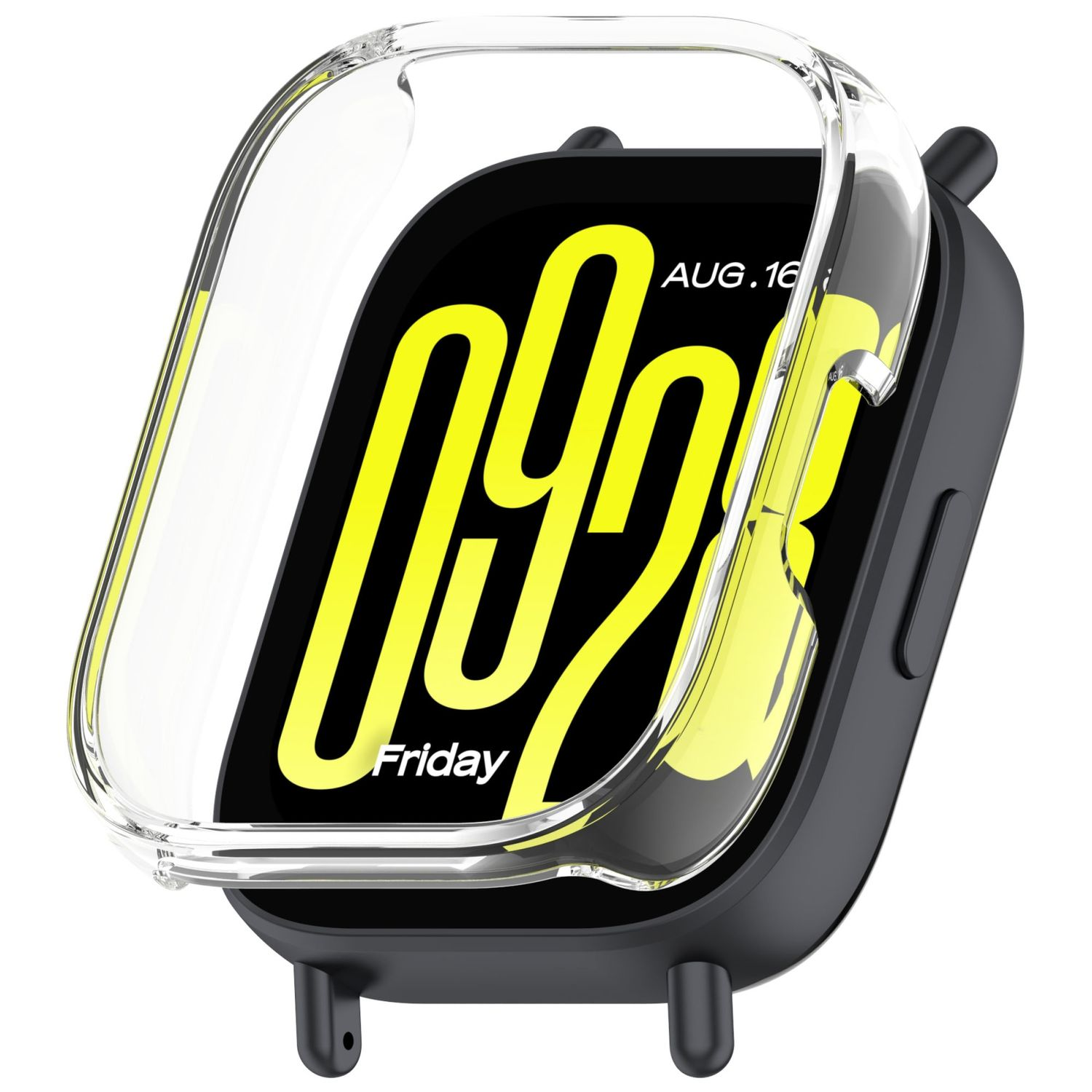 Smartwatch con custodia trasparente. Lo schermo mostra l'ora e il venerdì.