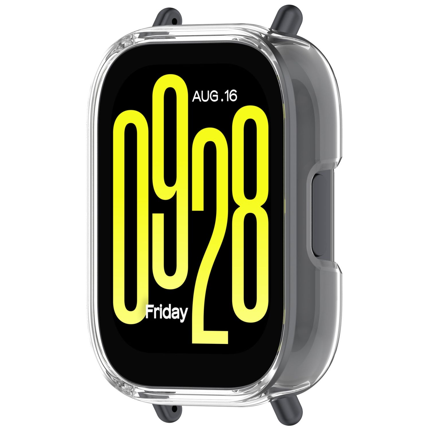 Primo piano di una custodia trasparente per smartwatch con data e ora visualizzate.