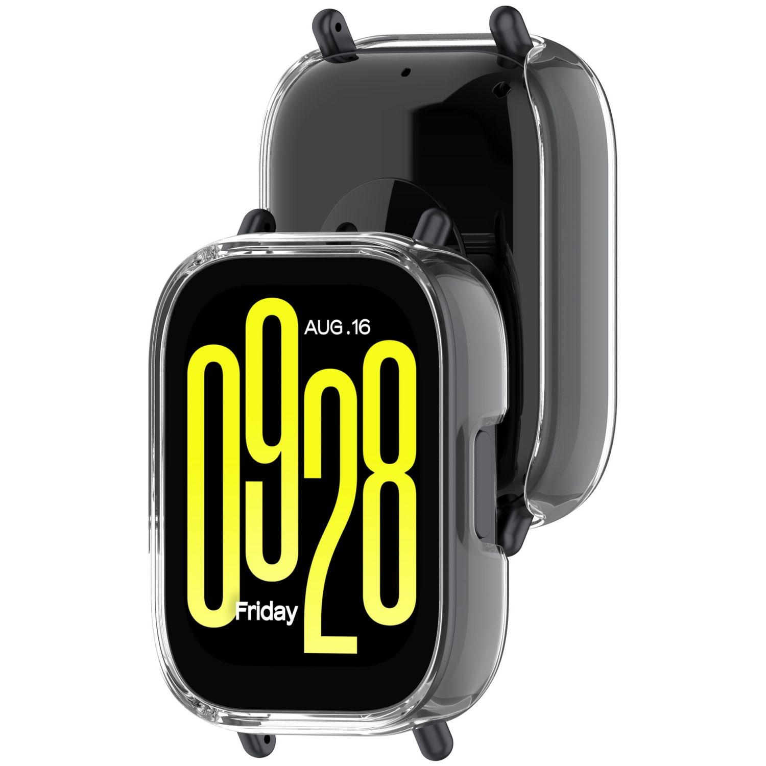 Smartwatch con custodia trasparente. Visualizza ora e data. Numeri gialli. Sfondo bianco.