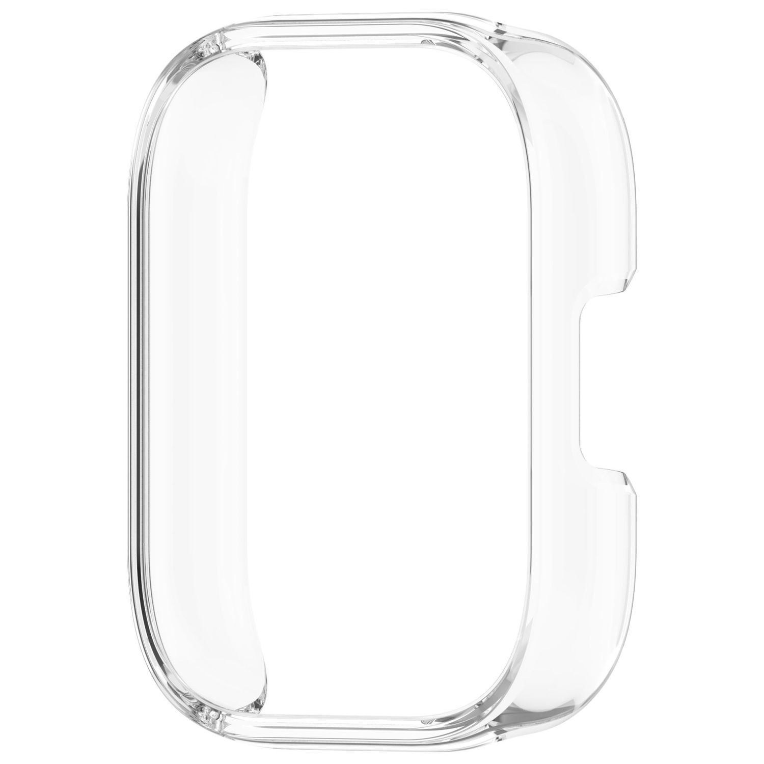 Una custodia protettiva trasparente per un dispositivo indossabile, probabilmente uno smartwatch o un fitness tracker.