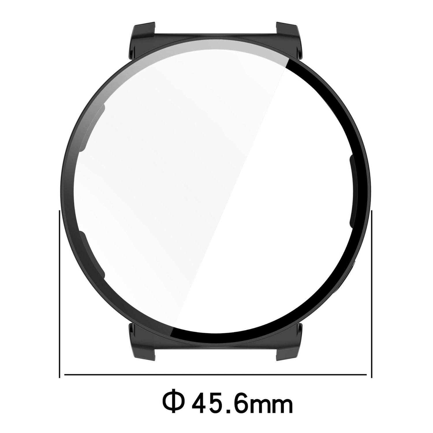 Schwarzes Zifferblatt einer Smartwatch mit transparentem Bildschirm und 45,6 mm Durchmesser.