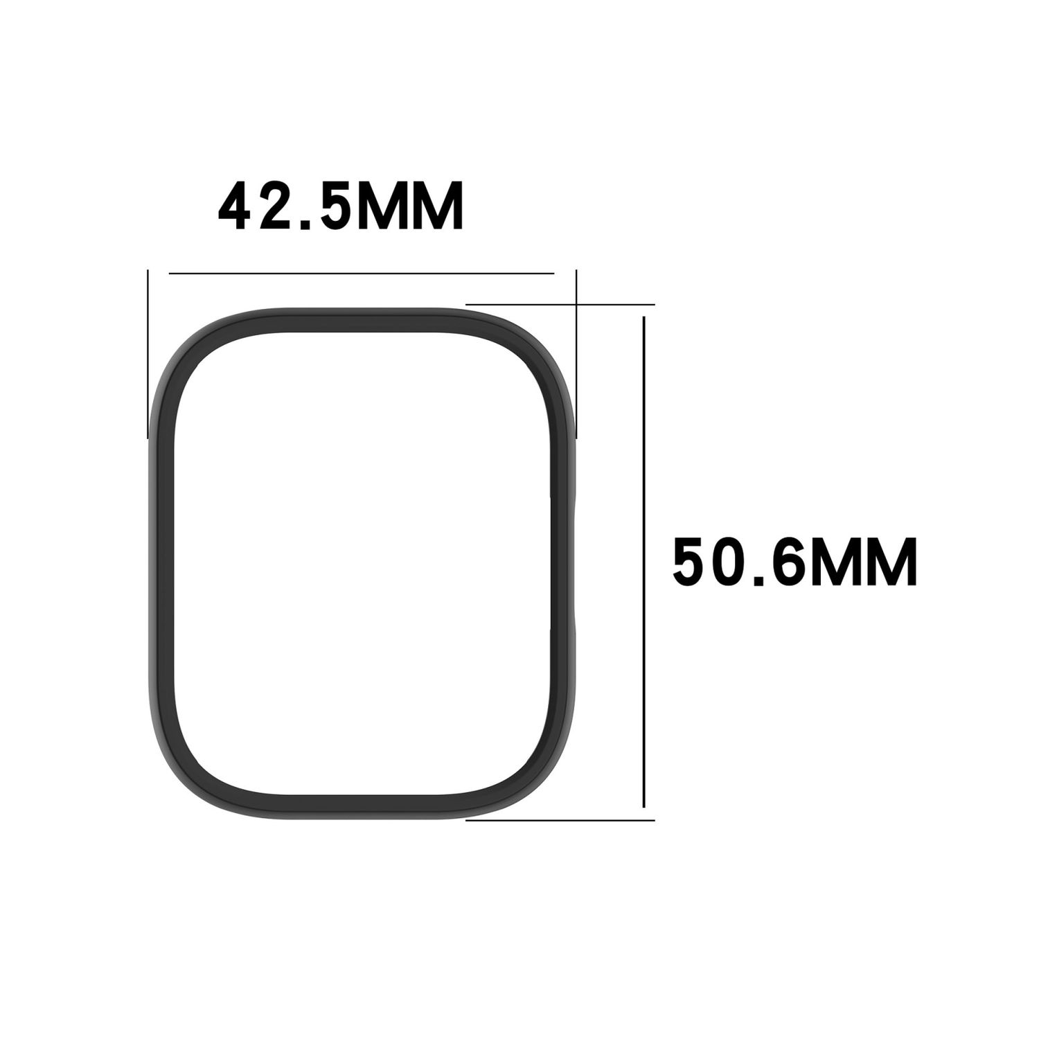 Viene mostrata una protezione per schermo quadrata con dimensioni: 42,5 mm x 50,6 mm.