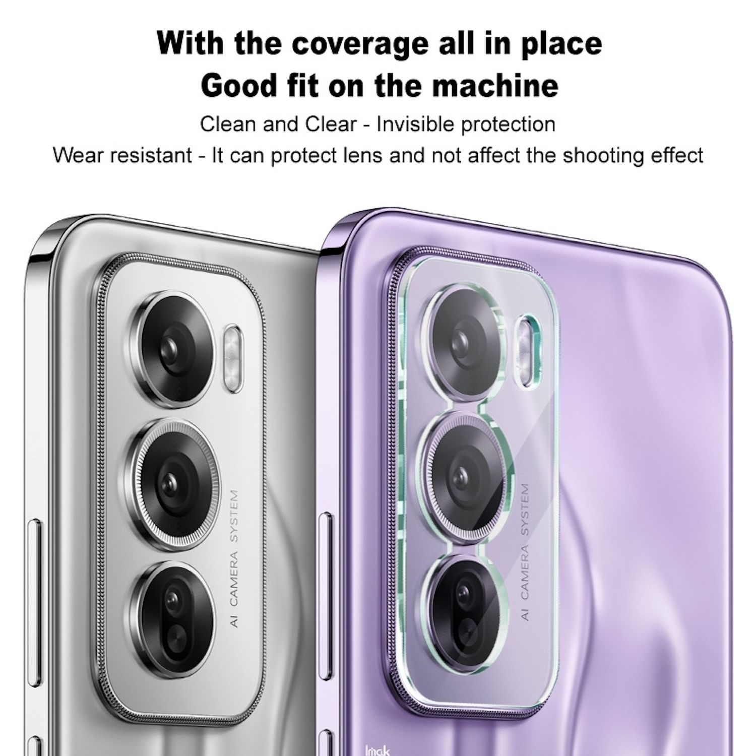 Nahaufnahme der Kameramodule von zwei Handys. Eins silber, eins lila. Beide haben mehrere Linsen.