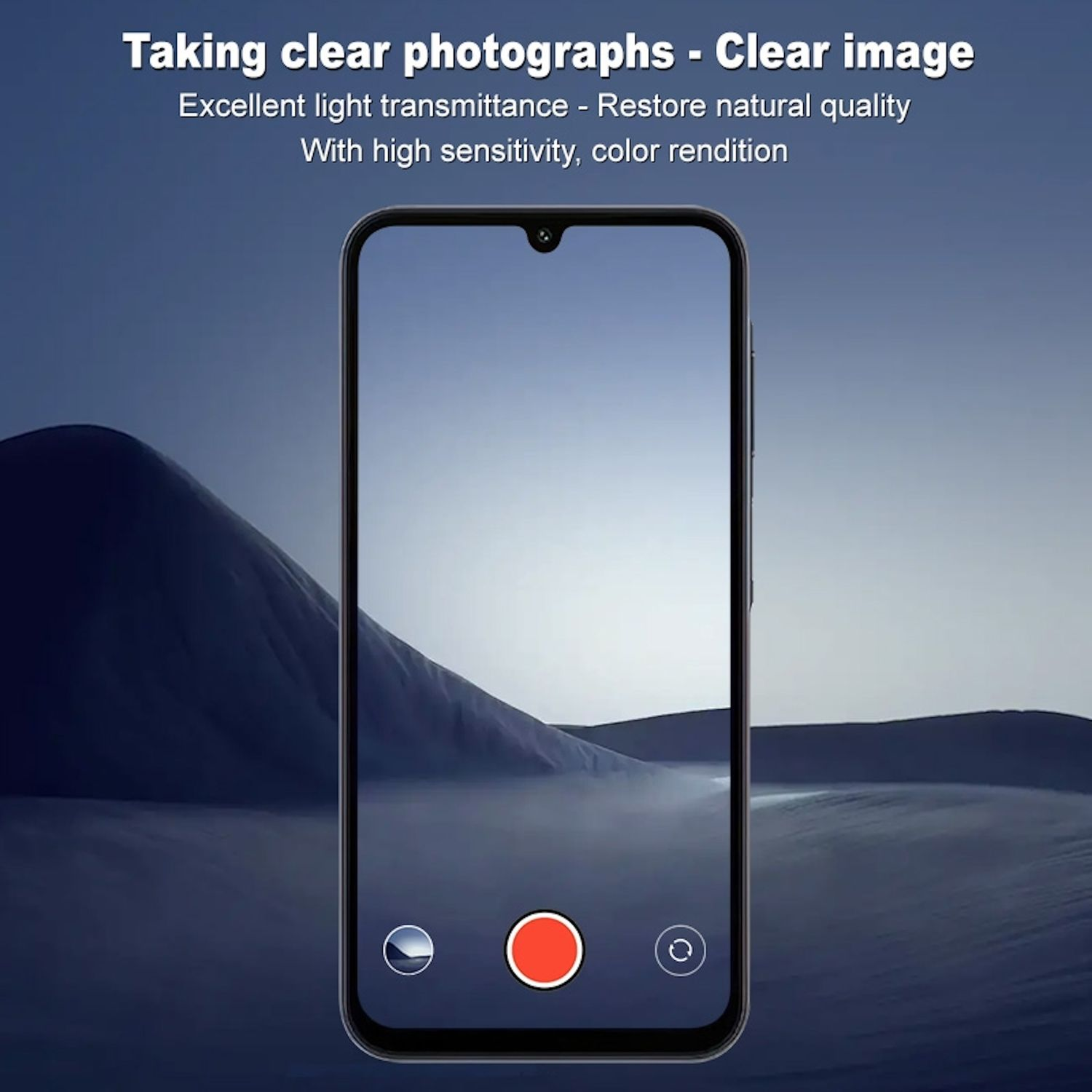 Smartphone mit Landschaft. Bildschirm zeigt Himmelszene, mit roter Aufnahmetaste.