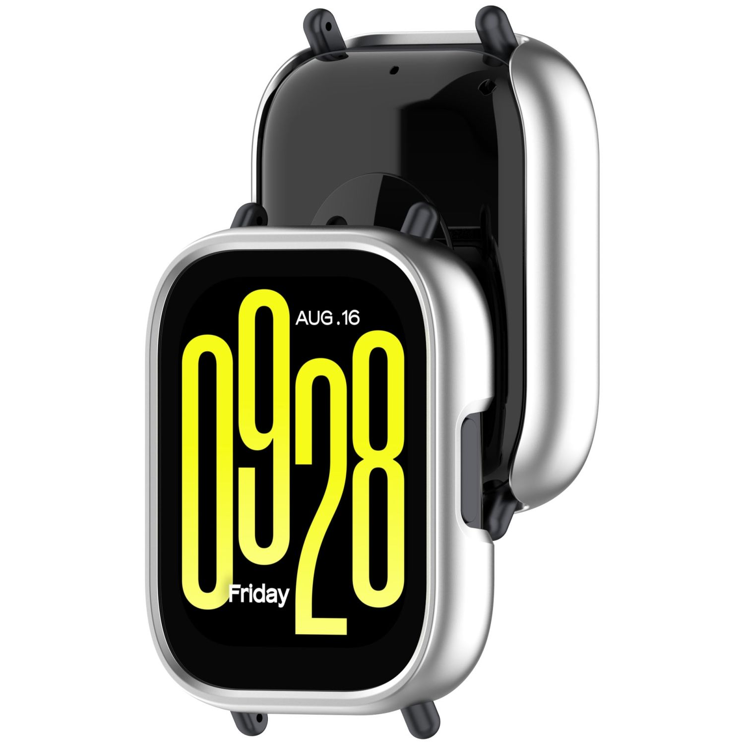 Smartwatch argento che mostra l'ora, tenuto da un supporto di plastica nera.