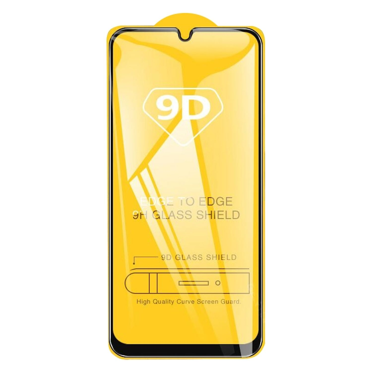 Un proteggi schermo giallo per telefono con grafica del telefono e testo. Lo sfondo è bianco.