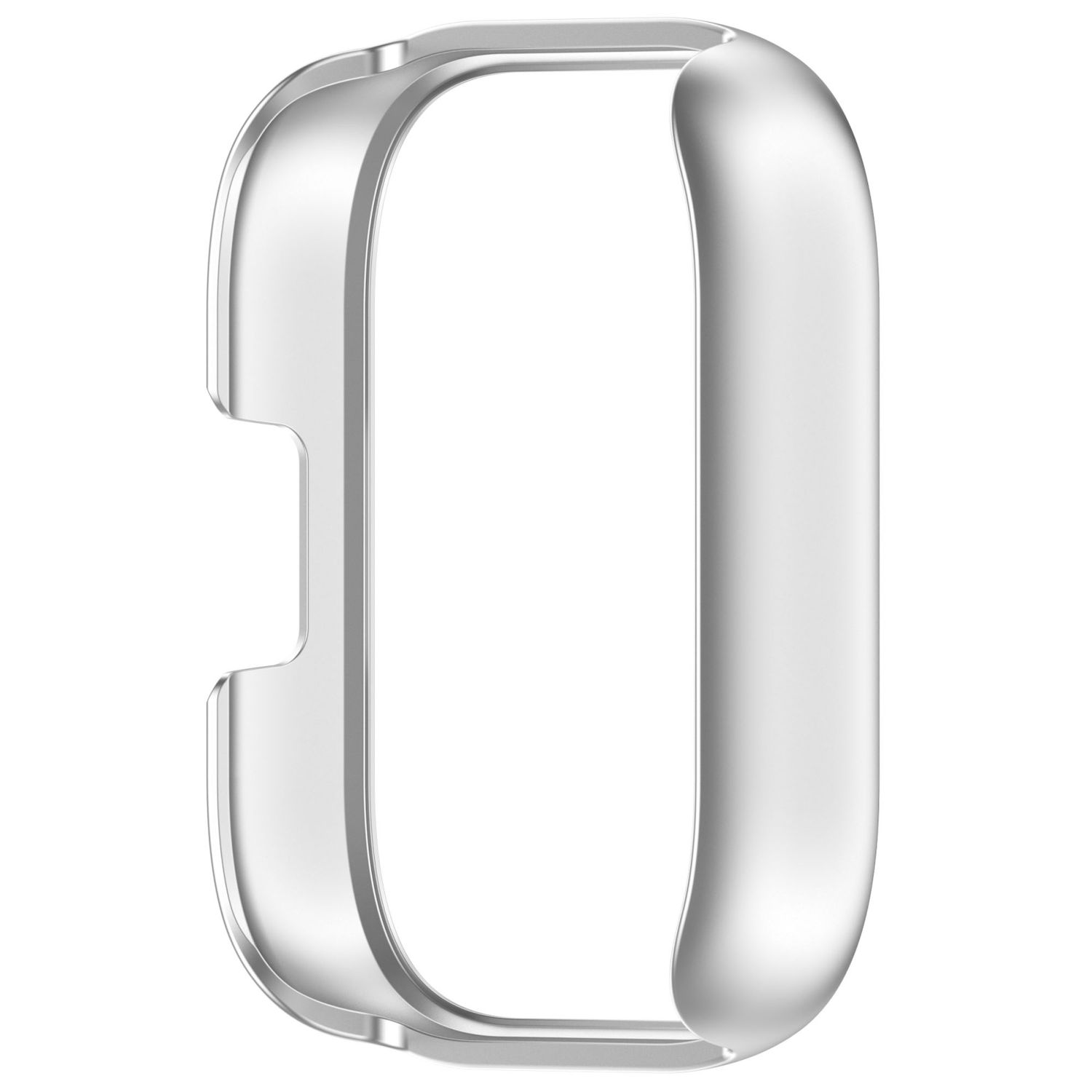 Una custodia trasparente argentata per smartwatch. È una forma solida con un design curvo e un ritaglio.