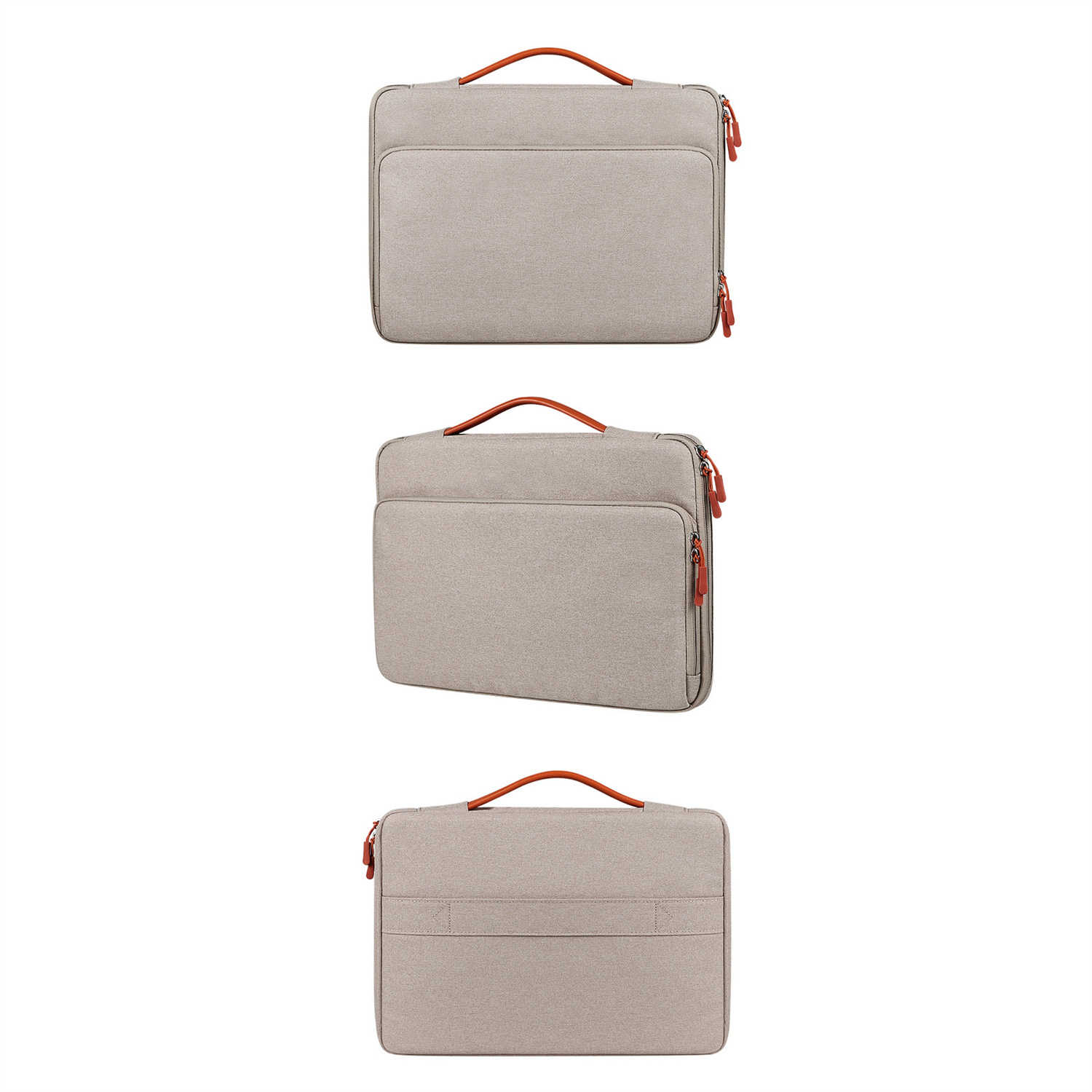 Drei graue Laptoptaschen mit orangenen Griffen. Die Taschen sind geschlossen, mit einer Vordertasche und einem Reißverschluss.
