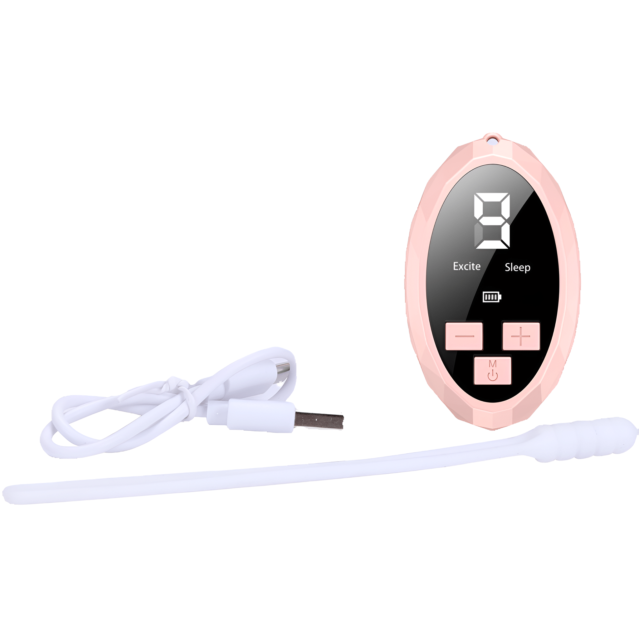 Rosa Gerät mit Zahlenanzeige und weißem USB-Kabel.