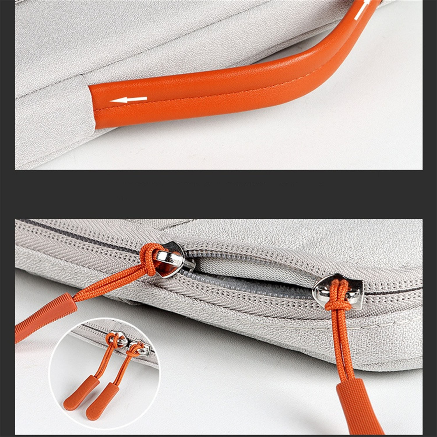 Eine hellgraue Laptop-Hülle mit orangefarbenem Griff und Reißverschlüssen. Detailaufnahmen von Griff und Reißverschlüssen.