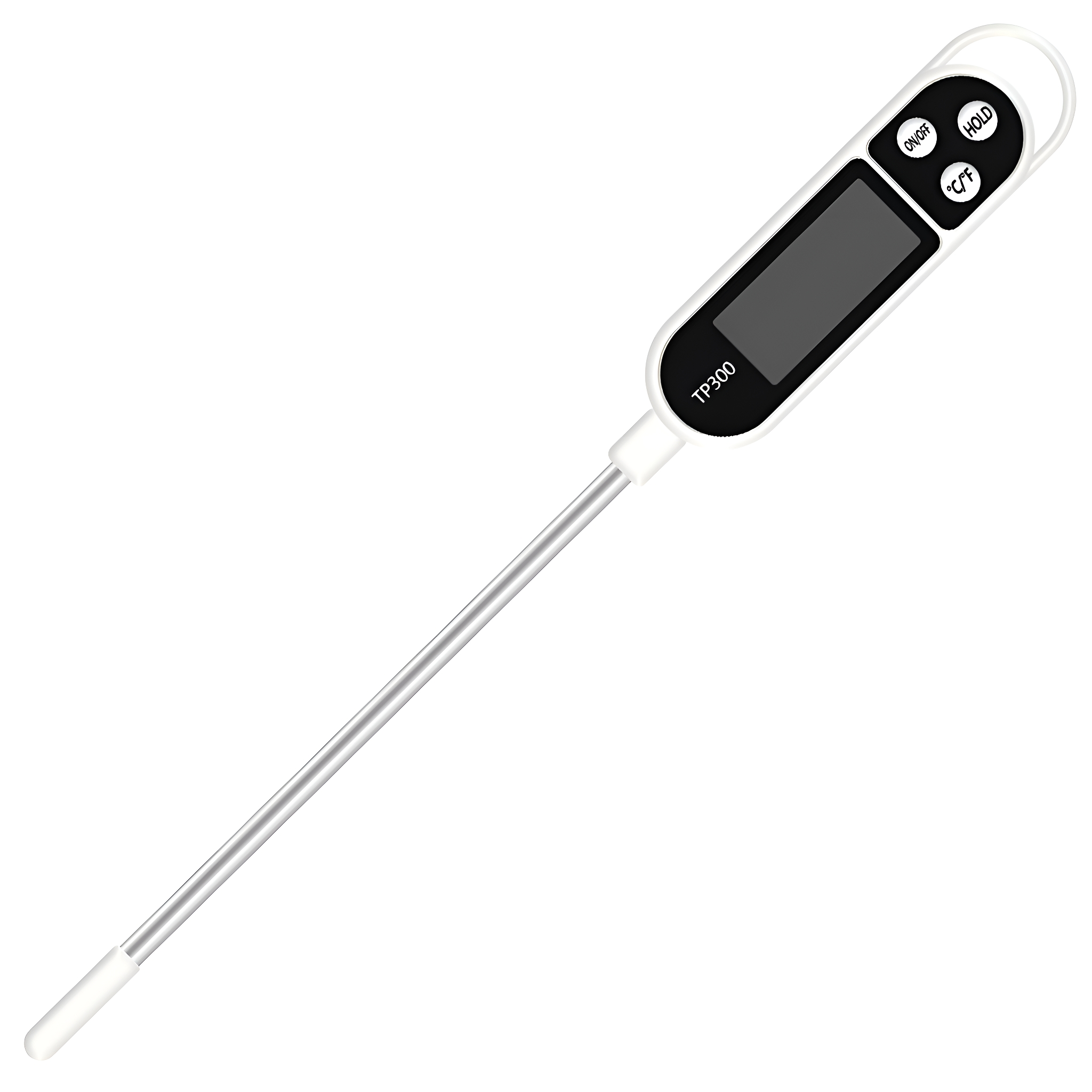 Digitales Lebensmittelthermometer mit langer Metallsonde und schwarzem Display.