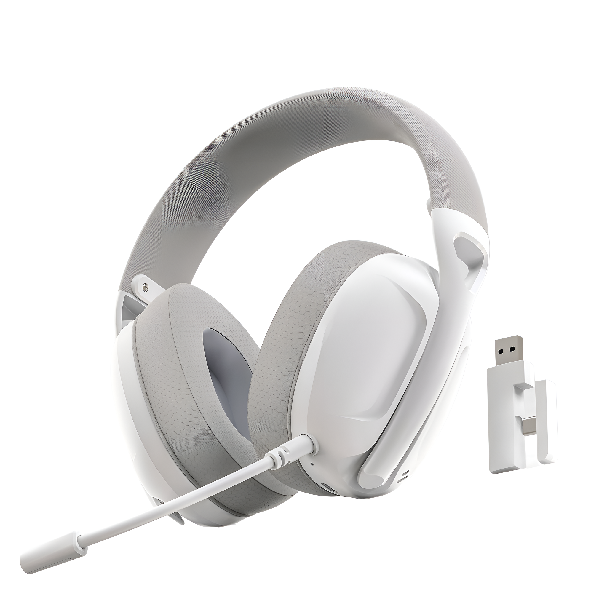 Weißes Headset mit Mikrofon und USB-Empfänger. Das Headset hat graue Polsterung.