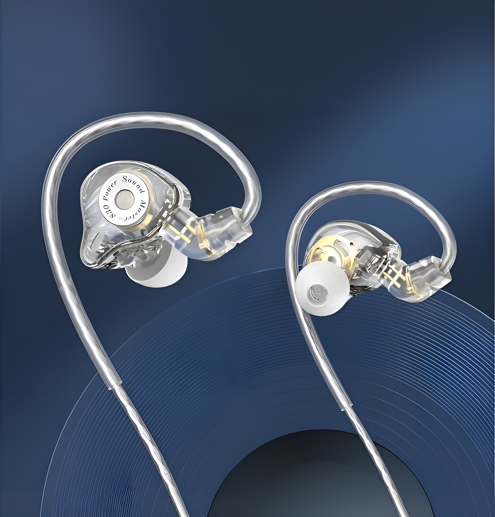 Transparente In-Ear-Kopfhörer mit silbernen Kabeln, Nahaufnahme auf blauem Hintergrund mit Kreisen.