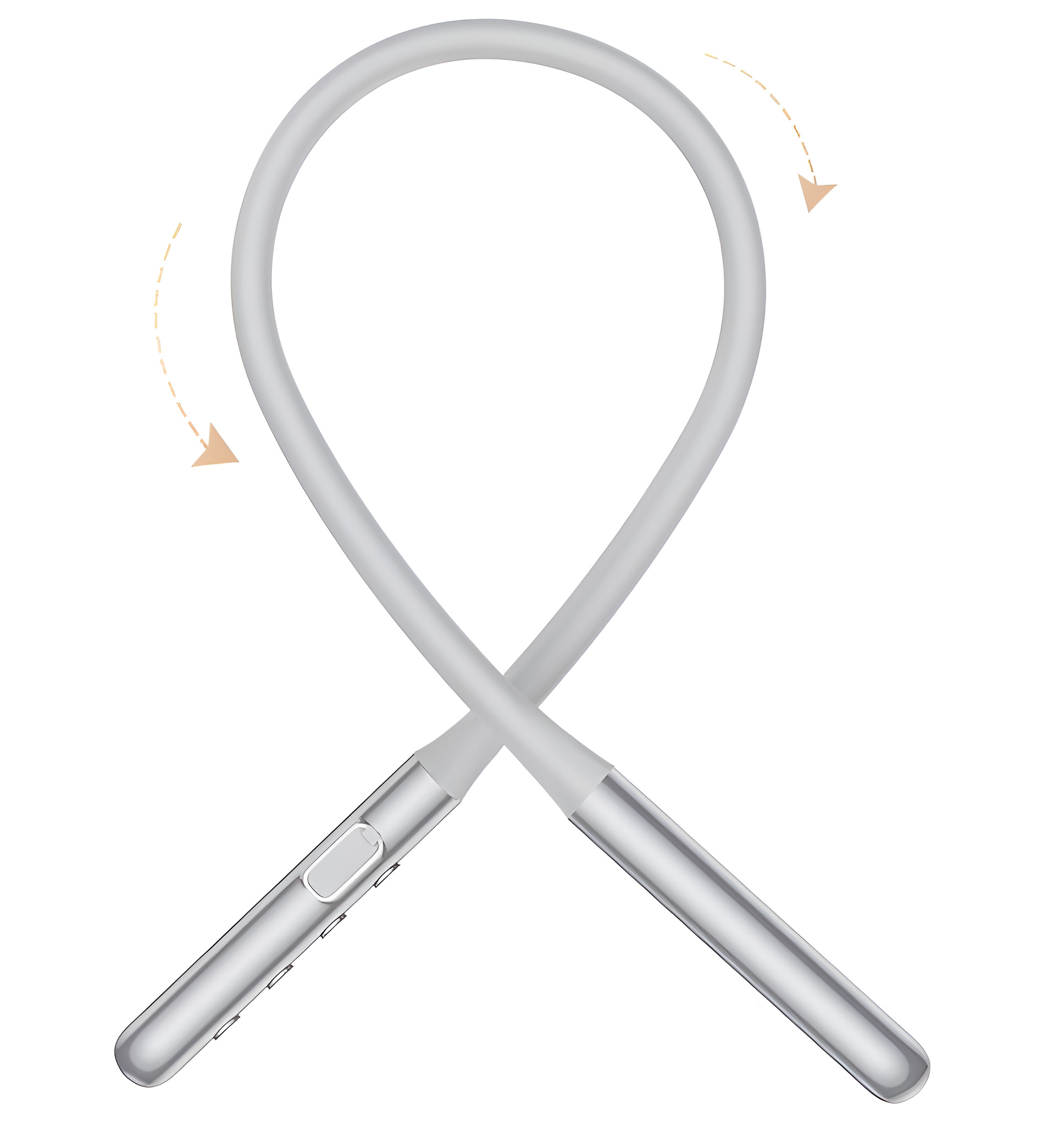 Ein silbernes flexibles Nackenband, geschlungen und gekreuzt, mit Pfeilen, die die Flexibilität anzeigen.
