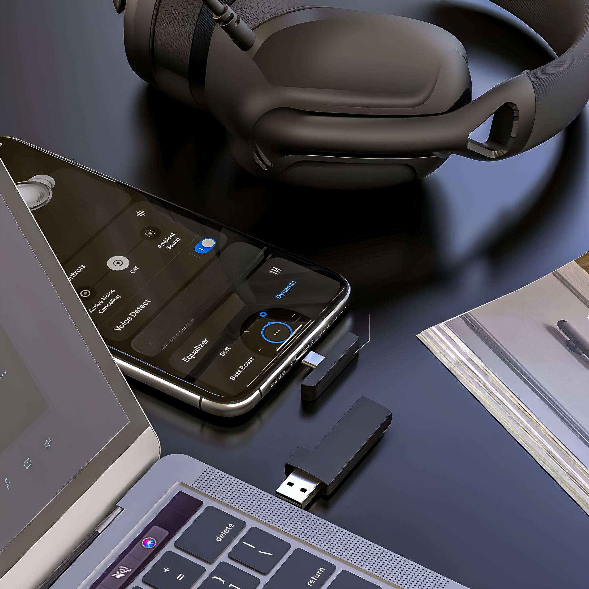 Smartphone, Laptop und USB-C-Dongle auf einem schwarzen Tisch. Kopfhörer im Hintergrund. Dongle ist in das Telefon eingesteckt.