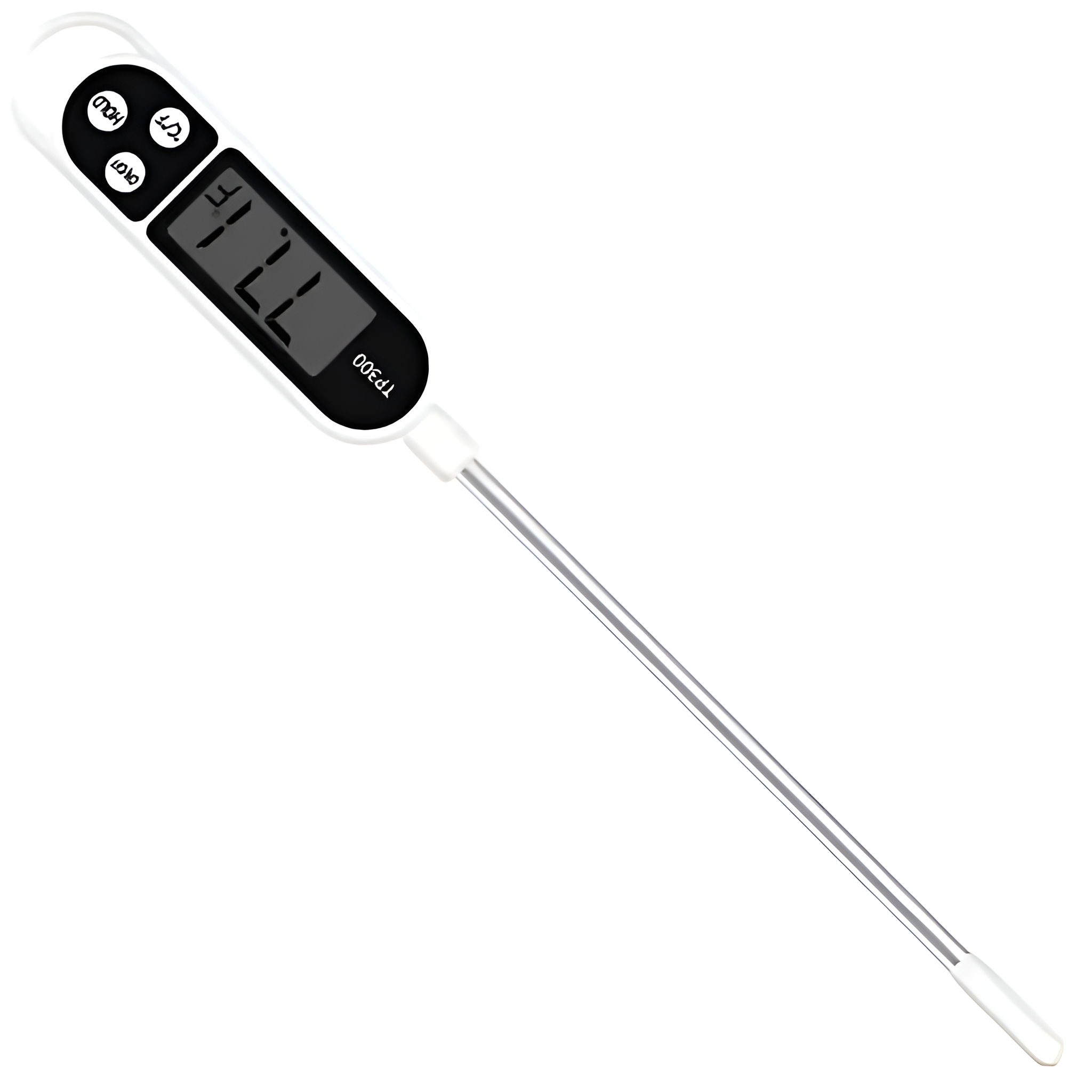 Ein weißes digitales Thermometer mit langer silberner Sonde, zeigt 77,2.
