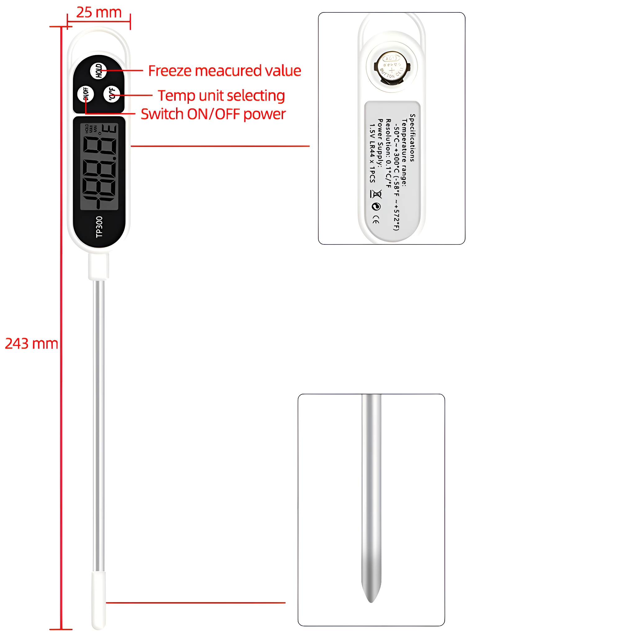 Ein schwarz-weißes digitales Thermometer mit Messungen und Knöpfen. Es hat eine lange Sonde.