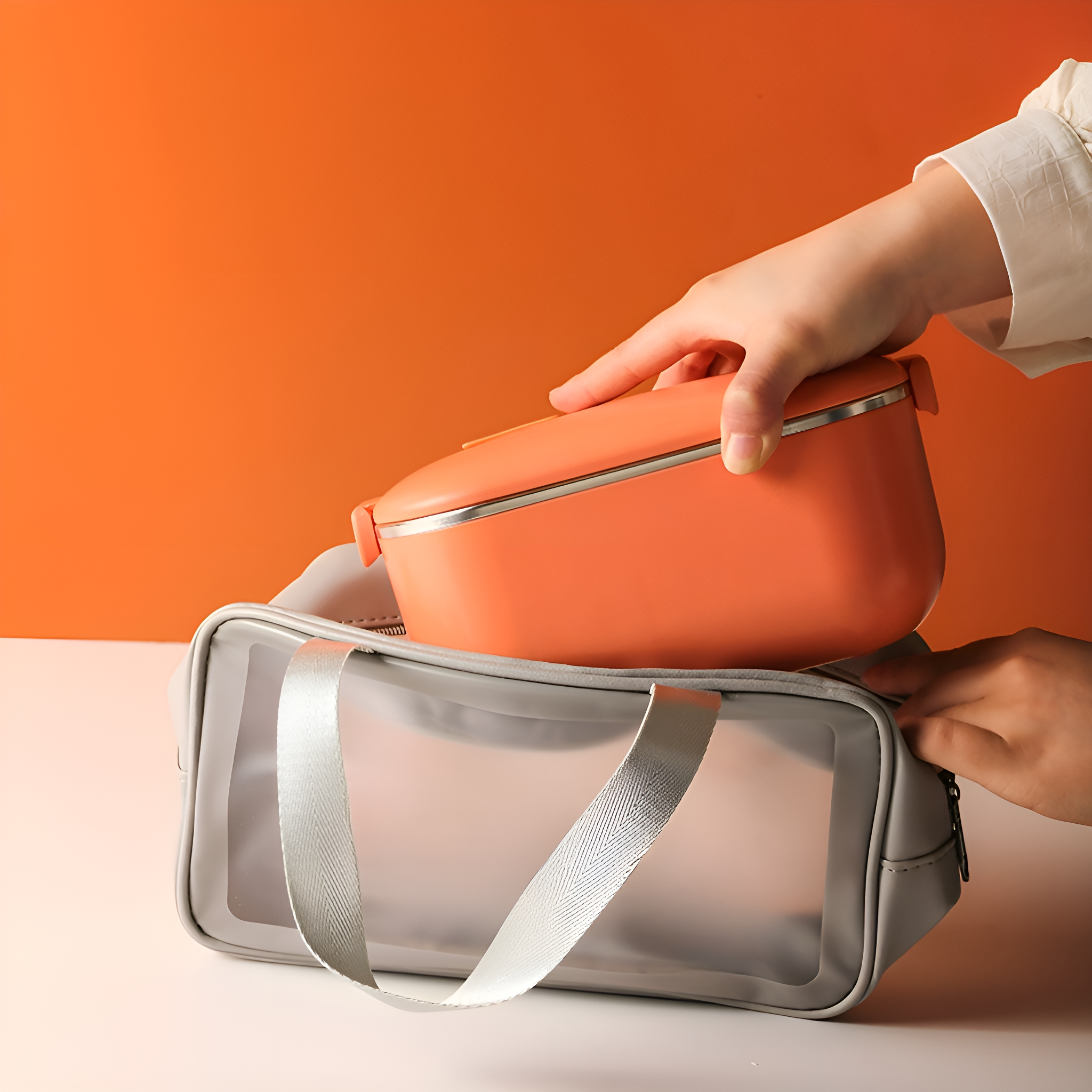 Hand legt eine orangefarbene Brotdose in eine graue, durchsichtige Tasche vor orangefarbenem Hintergrund.