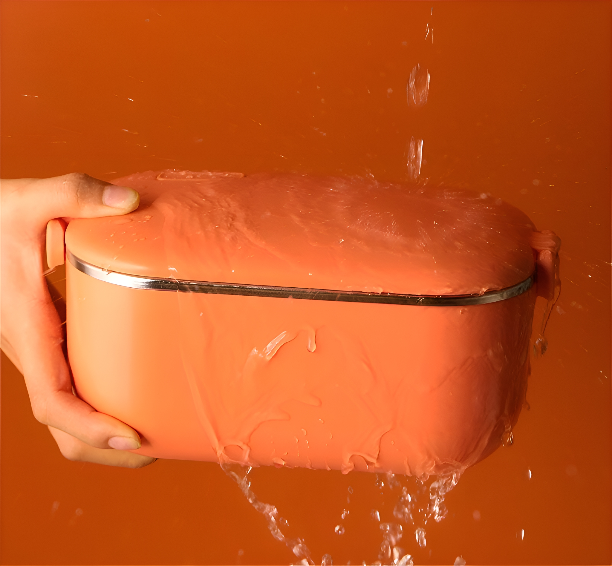 Orangene Brotdose mit Wassertropfen auf der Oberfläche. Eine Hand hält den Behälter.