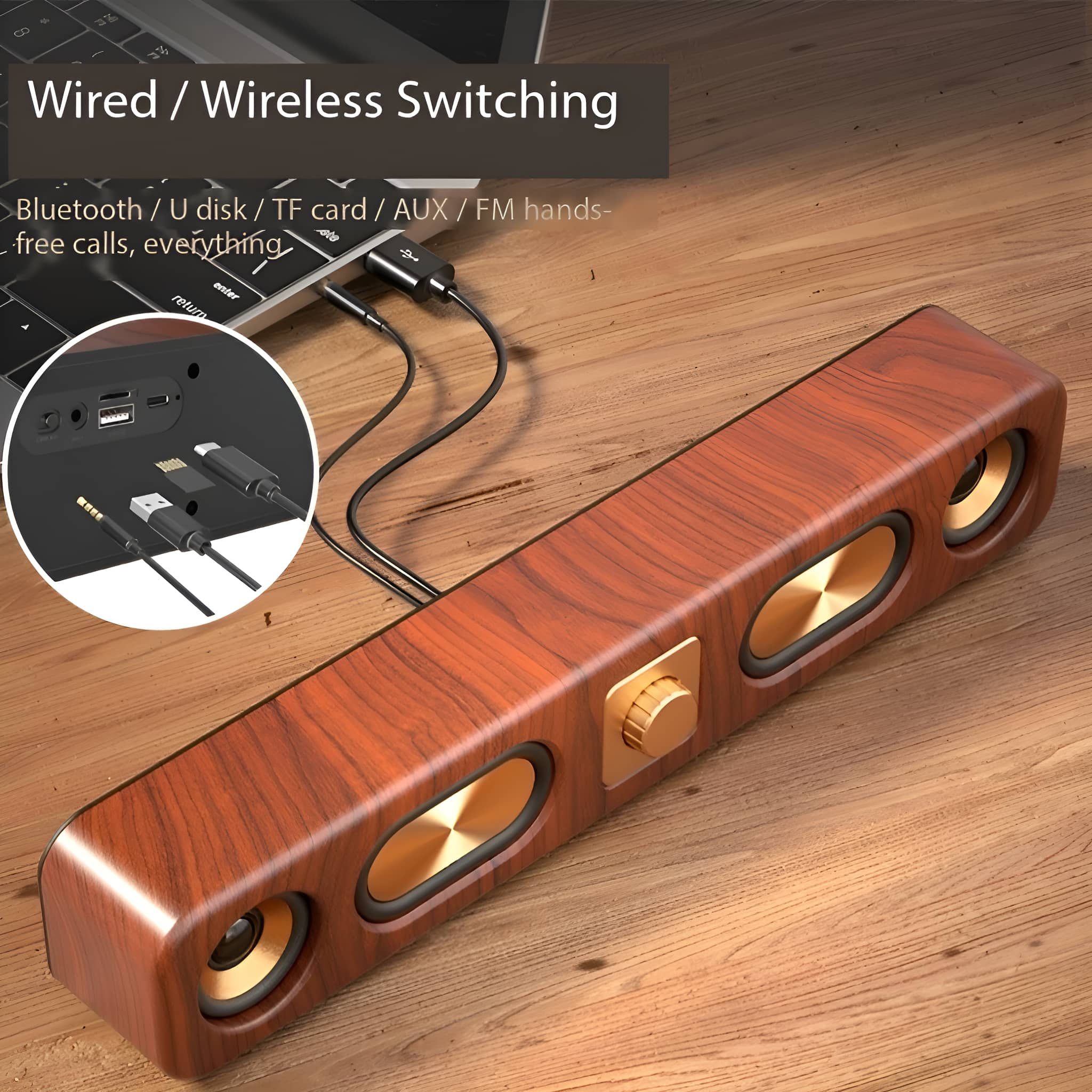 Ein hölzerner Lautsprecher mit goldenen Akzenten steht auf Holz. Kabel verbinden sich mit einem Laptop.