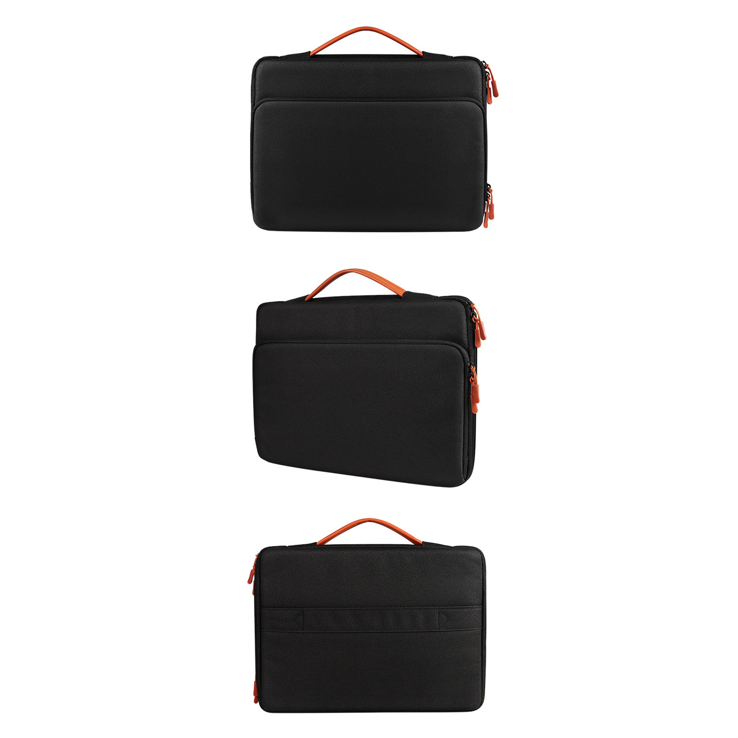 Drei schwarze Laptoptaschen mit orangefarbenen Reißverschlüssen und Griffen, jede in einer anderen Ansicht.