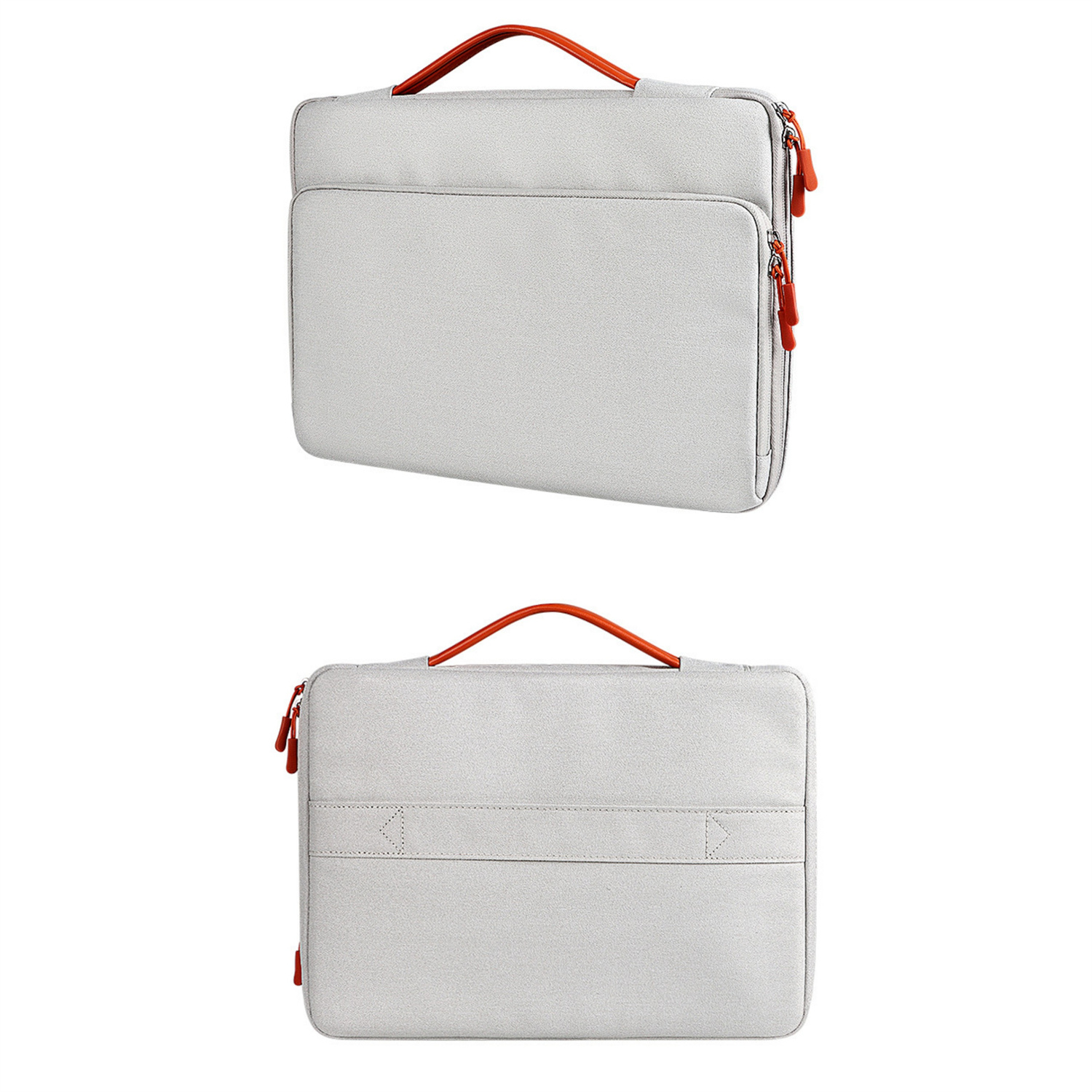 Zwei graue Laptoptaschen mit orangefarbenen Griffen und Reißverschlüssen.