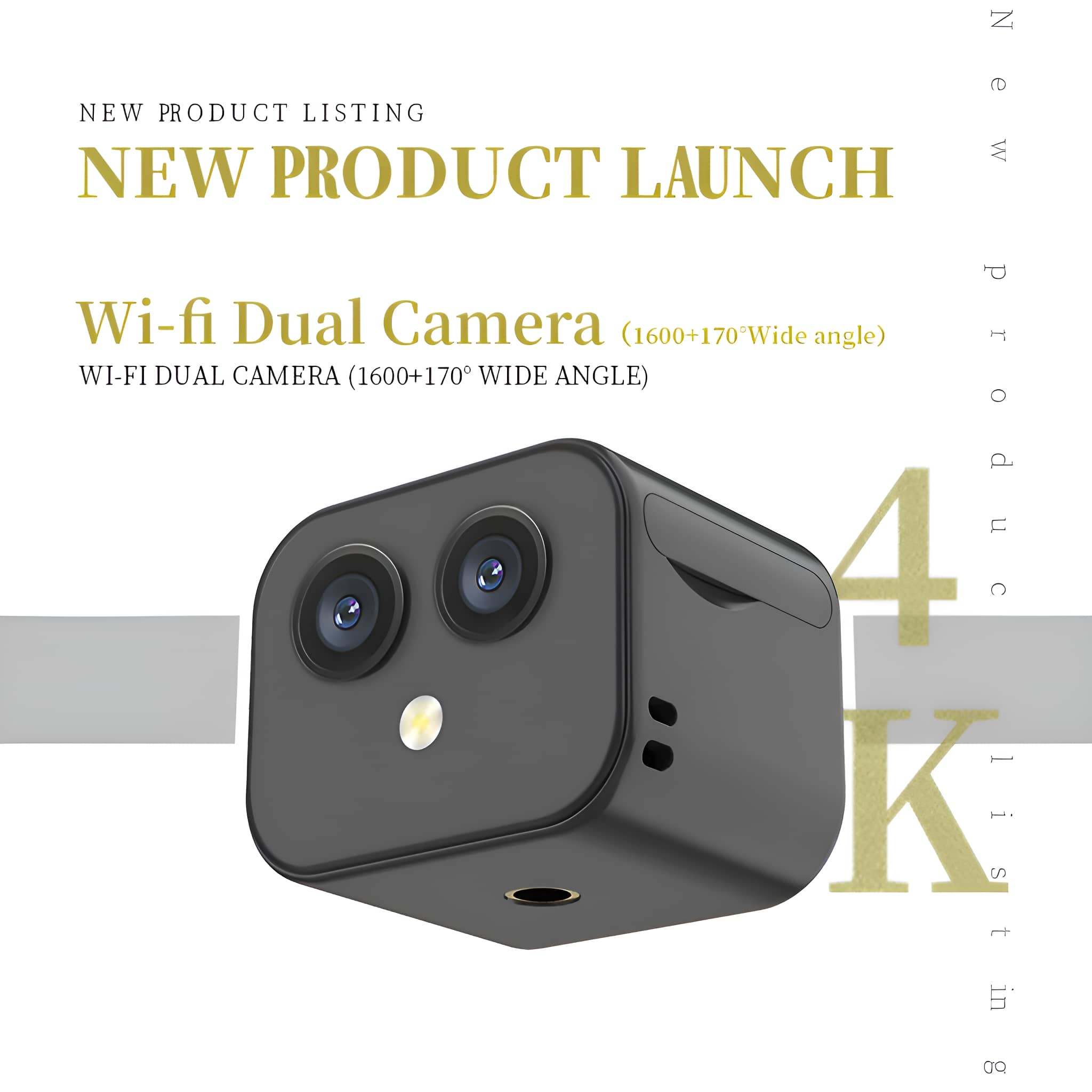 Eine schwarze Wi-Fi Dual-Kamera mit Doppellinsen, Text mit „New Product Launch“ und 4K.