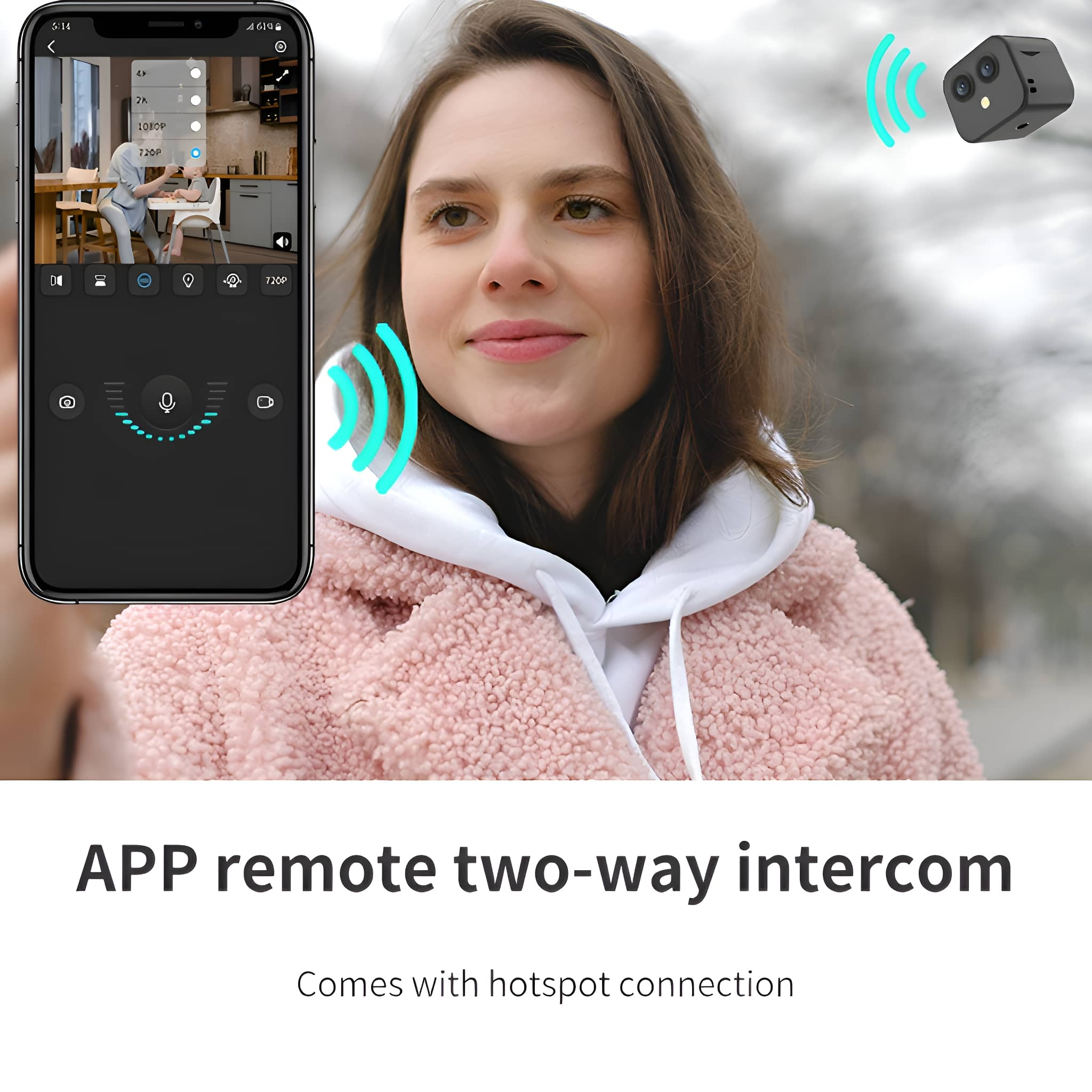 Frau hält Smartphone mit App-Oberfläche. Kleine Kamera und Fernbedienung. Weißer Hintergrund.