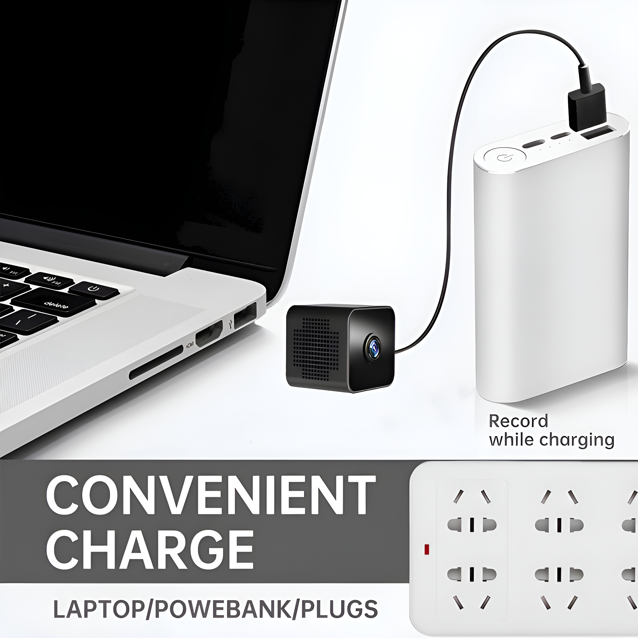 Ein Laptop, eine kleine schwarze Kamera und eine weiße Powerbank, die durch ein schwarzes Kabel verbunden sind. Eine Steckdosenleiste ist sichtbar.