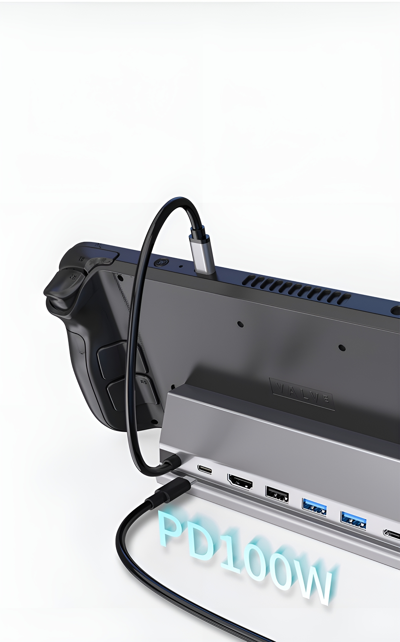 Ein schwarzes Handheld-Gaming-Gerät, das mit einem Ständer verbunden ist, mit USB-Anschlüssen und einem USB-C-Kabel.