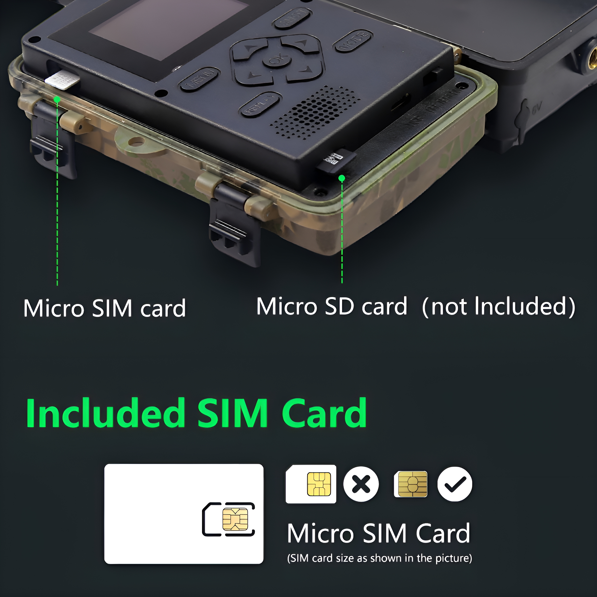 Eine Wildkamera mit Micro-SIM- und SD-Kartensteckplatz, zusammen mit einer SIM-Karte.