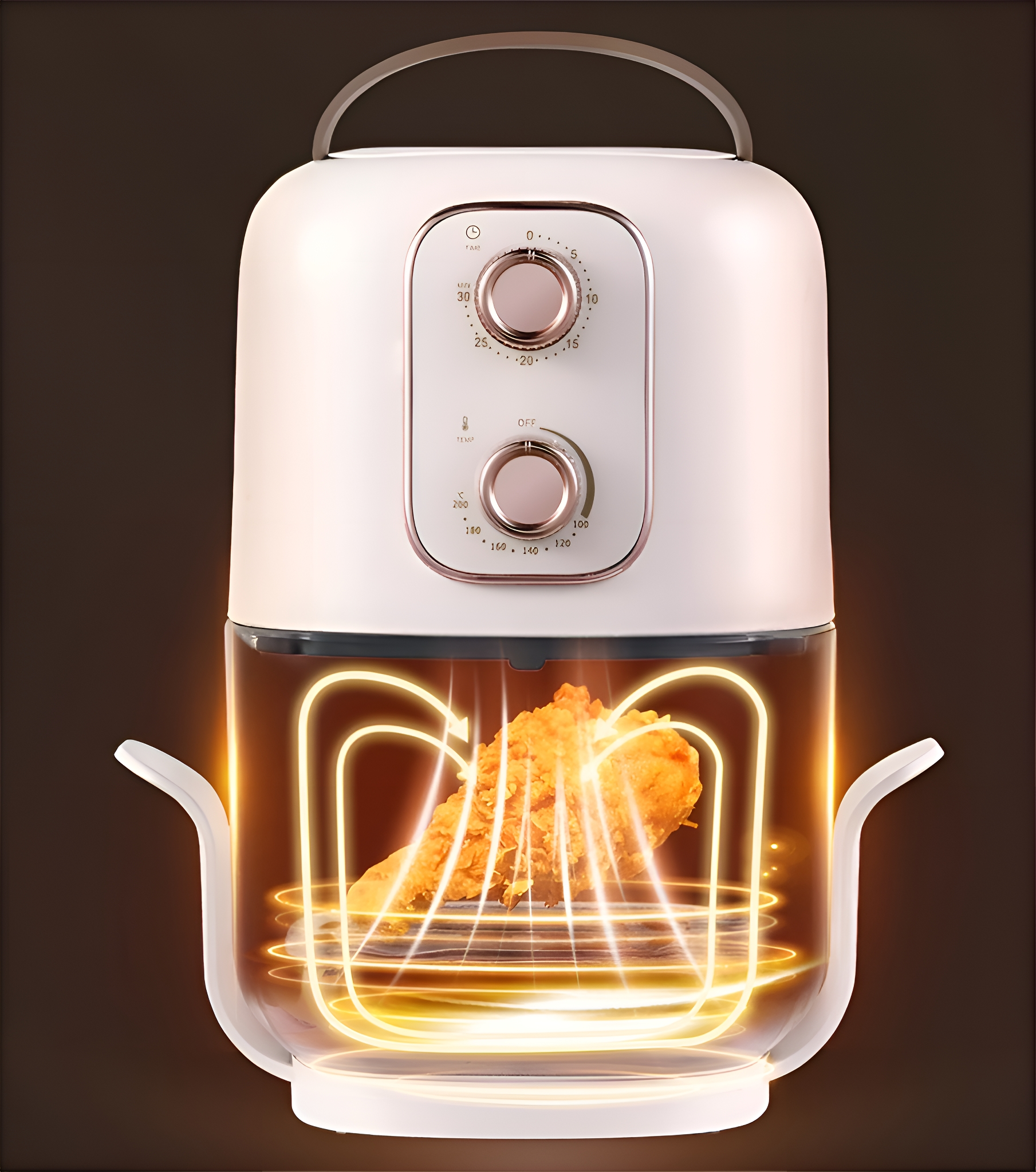 Heißluftfritteuse mit einem frittierten Hähnchenstück im Inneren, mit Lichtstrahlen drumherum.