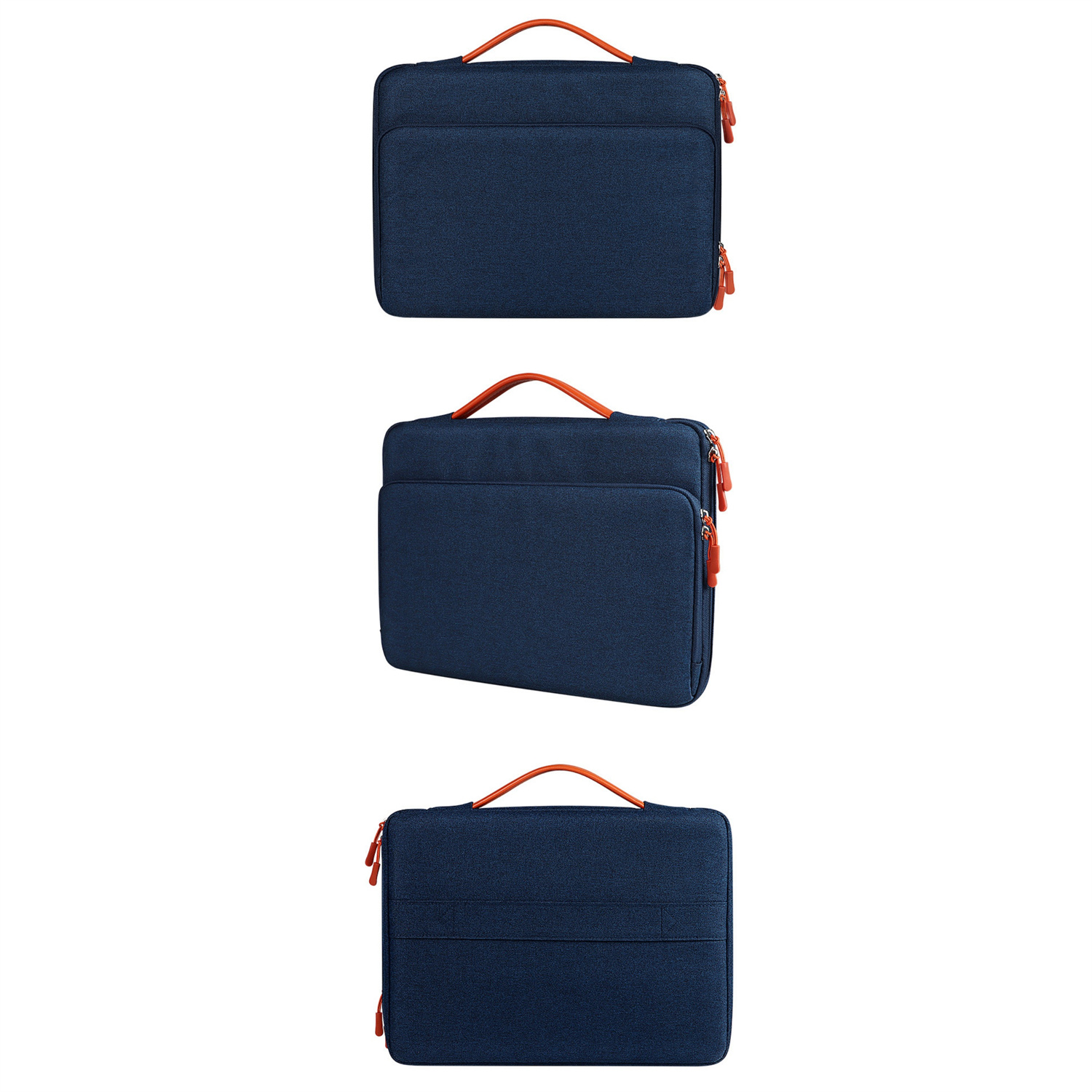 Drei blaue Laptoptaschen mit orangefarbenen Griffen und Reißverschlüssen.