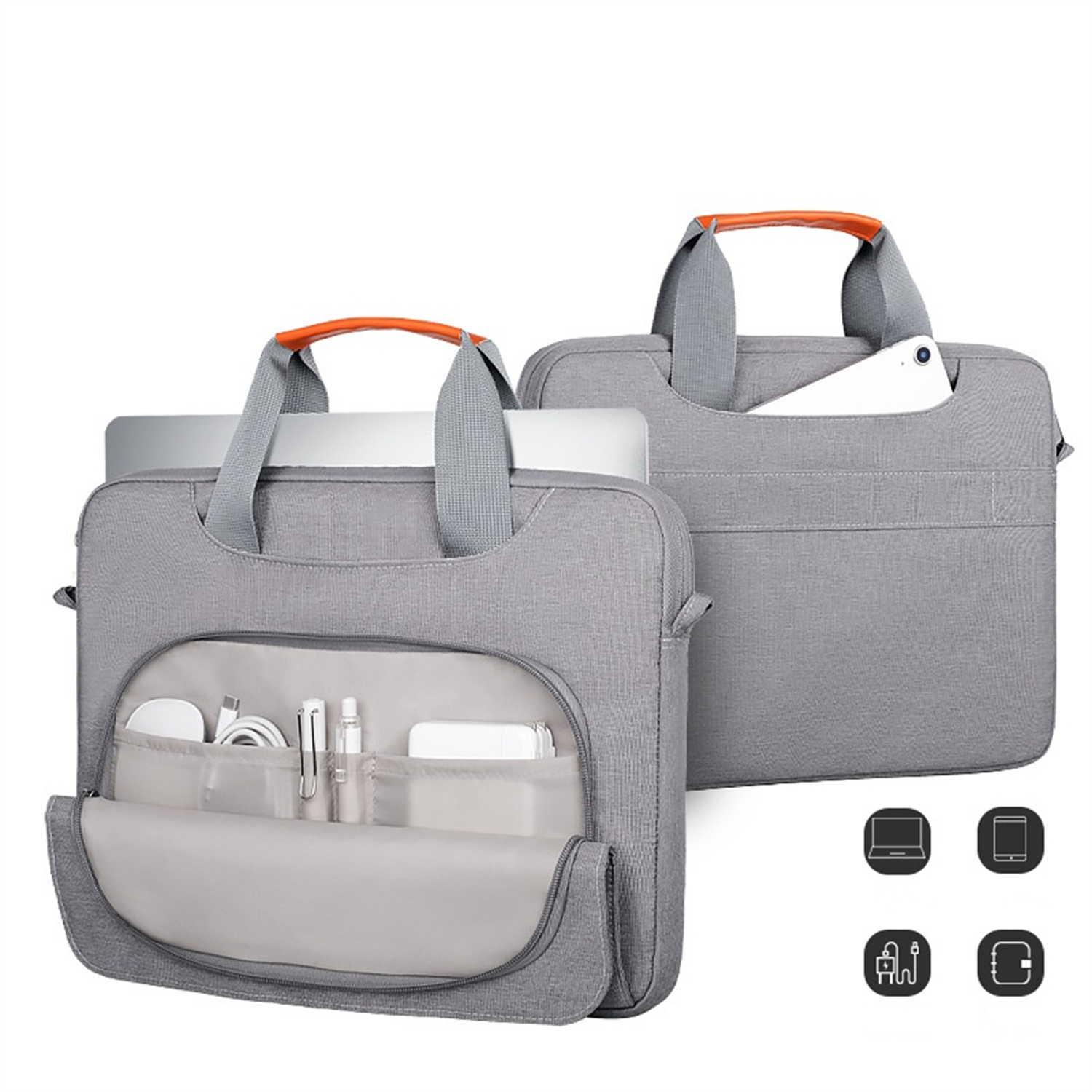 Zwei graue Laptoptaschen nebeneinander, mit Innenfächern und einem orangefarbenen Griff.