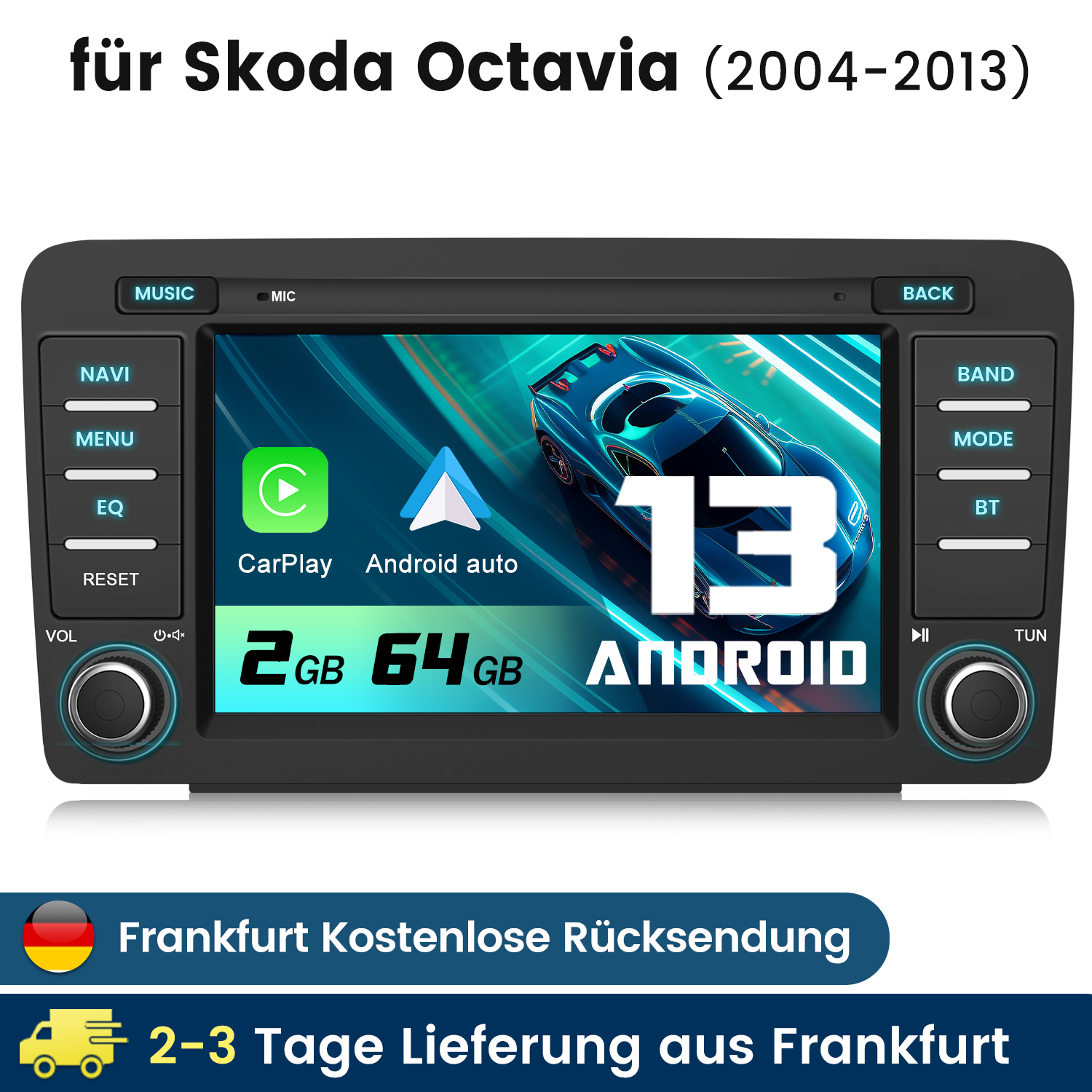 Ekran radia samochodowego pokazujący CarPlay i Android Auto z menu.