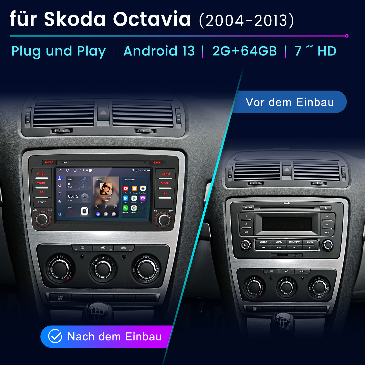 Auto-Armaturenbrett mit Radio-Ersatz, Vorher-Nachher-Installation eines neuen Android-Systems.