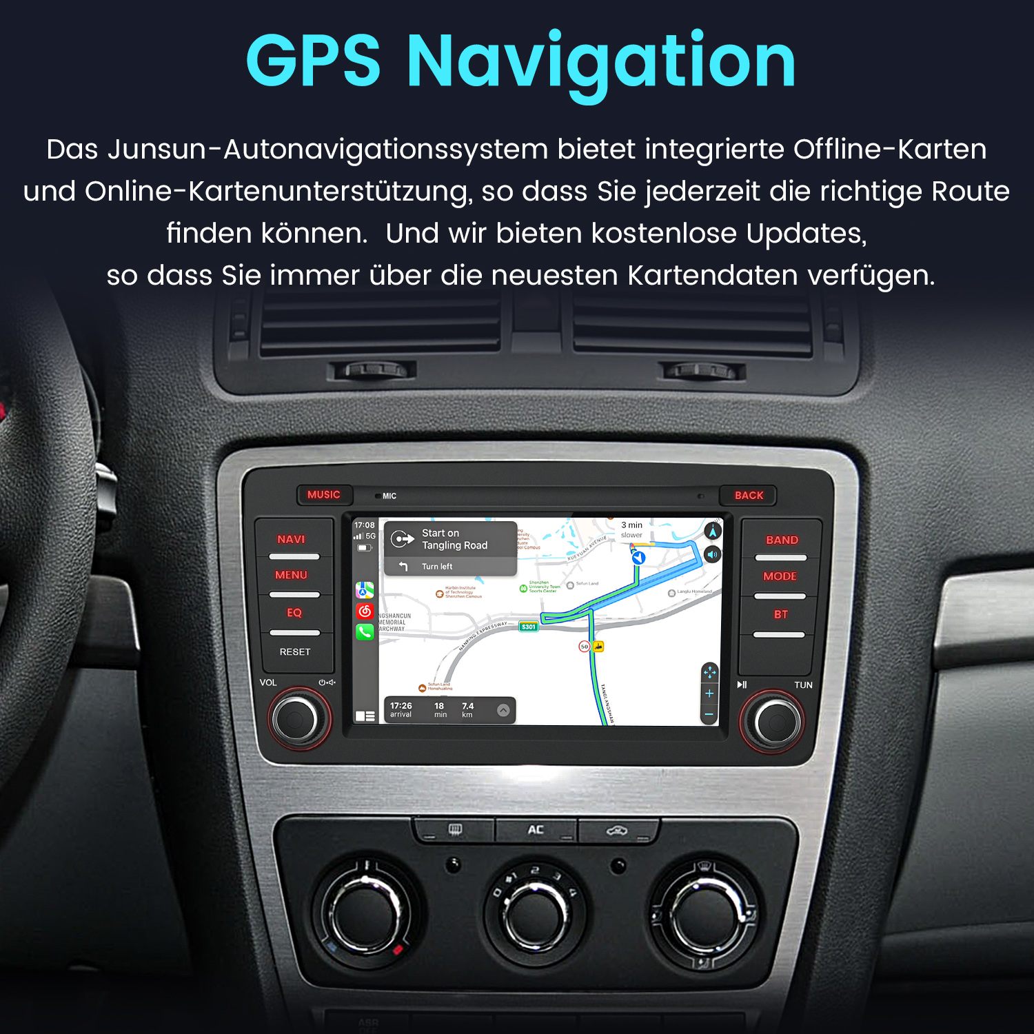 Armaturenbrett eines Autos mit Navigationsbildschirm und Knöpfen.