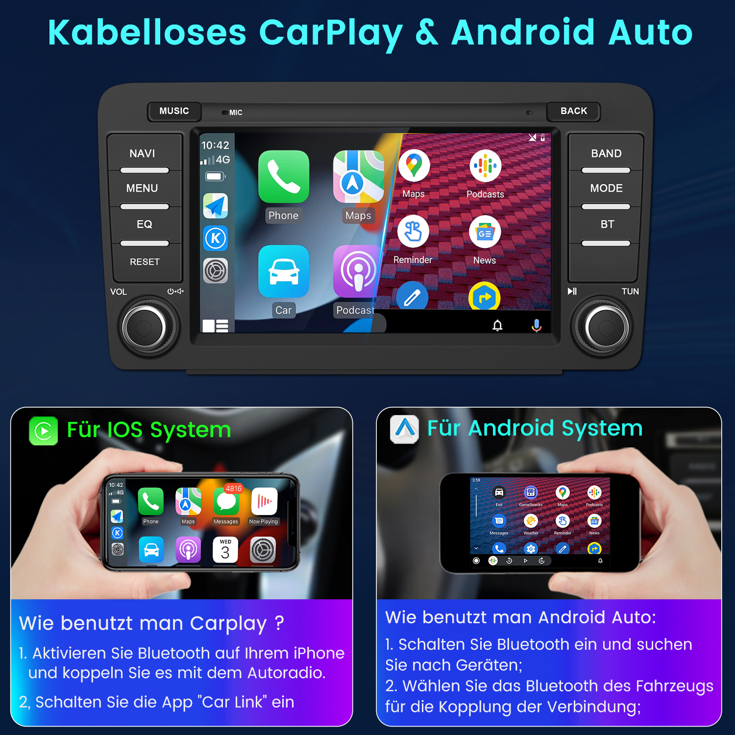 Bildschirm des Auto-Multimedia-Systems mit verschiedenen Apps. Anweisungen für iOS- und Android-Systeme.