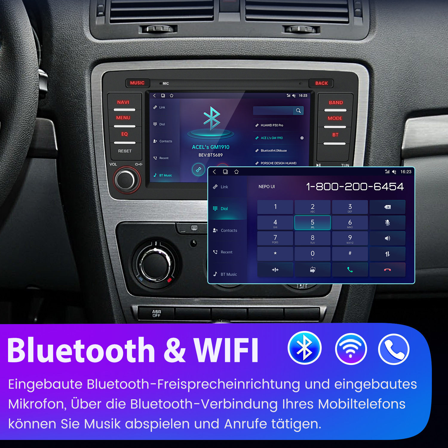 Armaturenbrettbildschirm, der eine Autoradio-Oberfläche mit Bluetooth- und WLAN-Symbolen anzeigt.