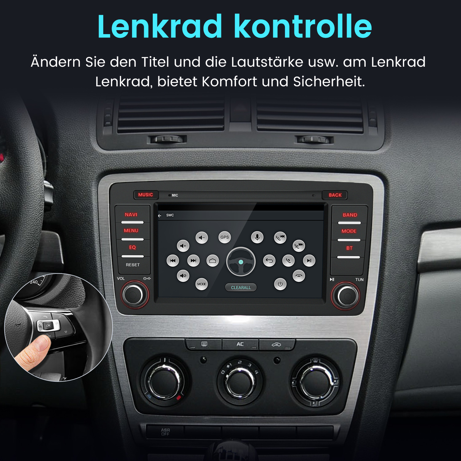 Armaturenbrett eines Autos mit Multimediasystem und Lenkradbedienung. Hand drückt Taste am Lenkrad.