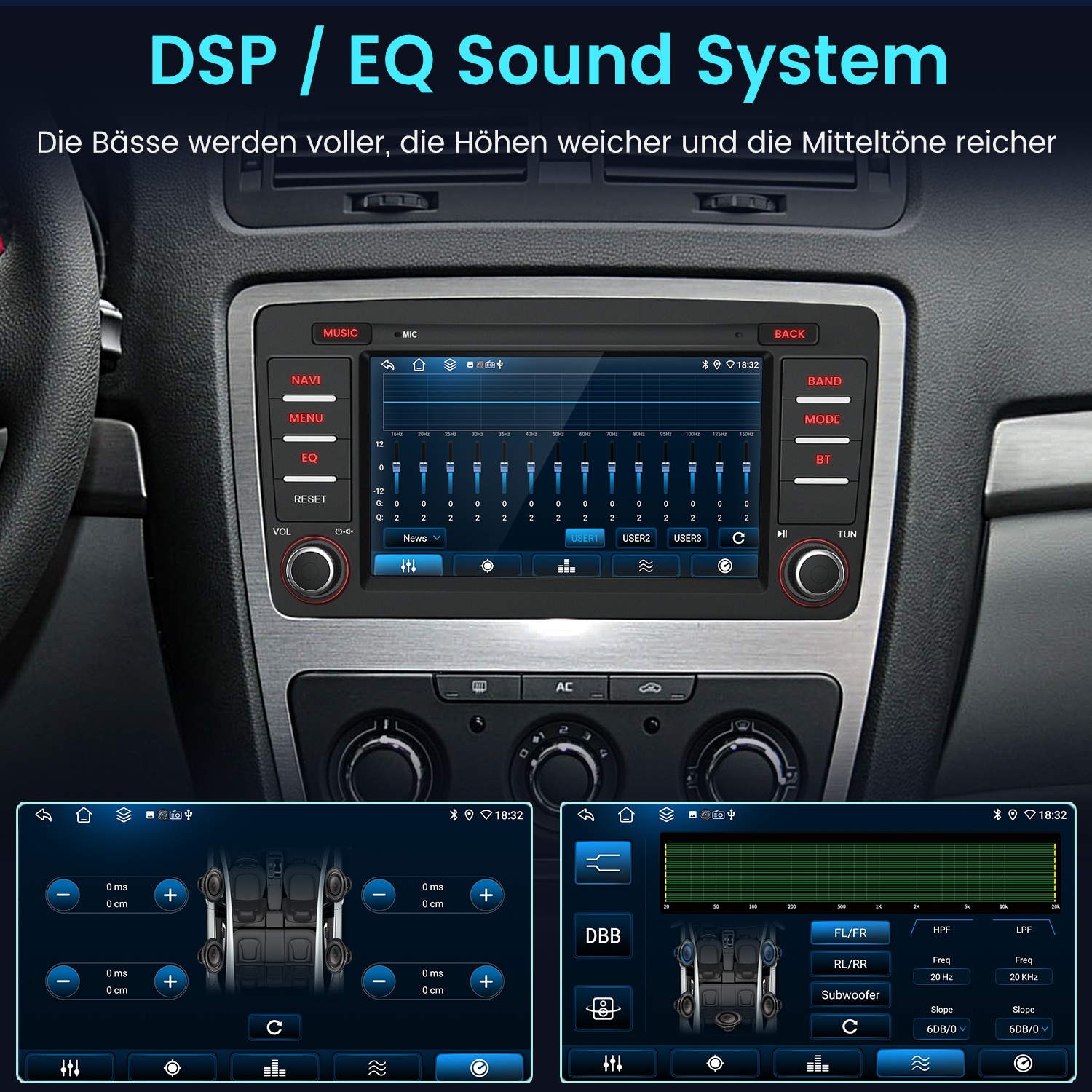 Bildschirm des Auto-Audiosystems, der Optionen anzeigt. Verschiedene Tasten sichtbar.