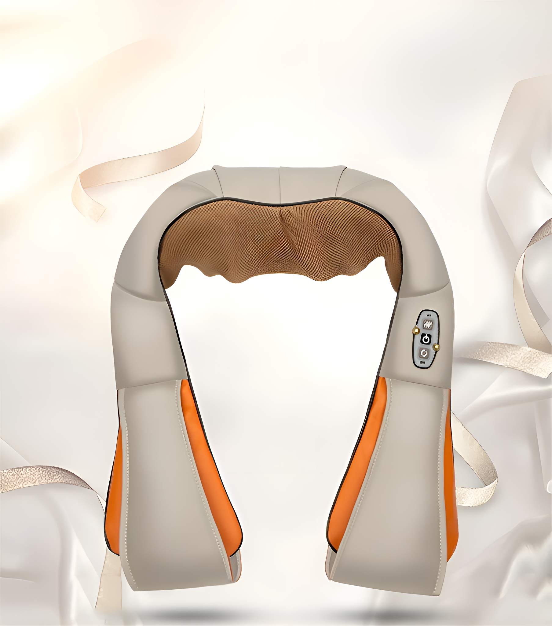 Ein Nackenmassagegerät in Beige und Orange auf weißem Stoffhintergrund. Das Massagegerät hat Bedienknöpfe.