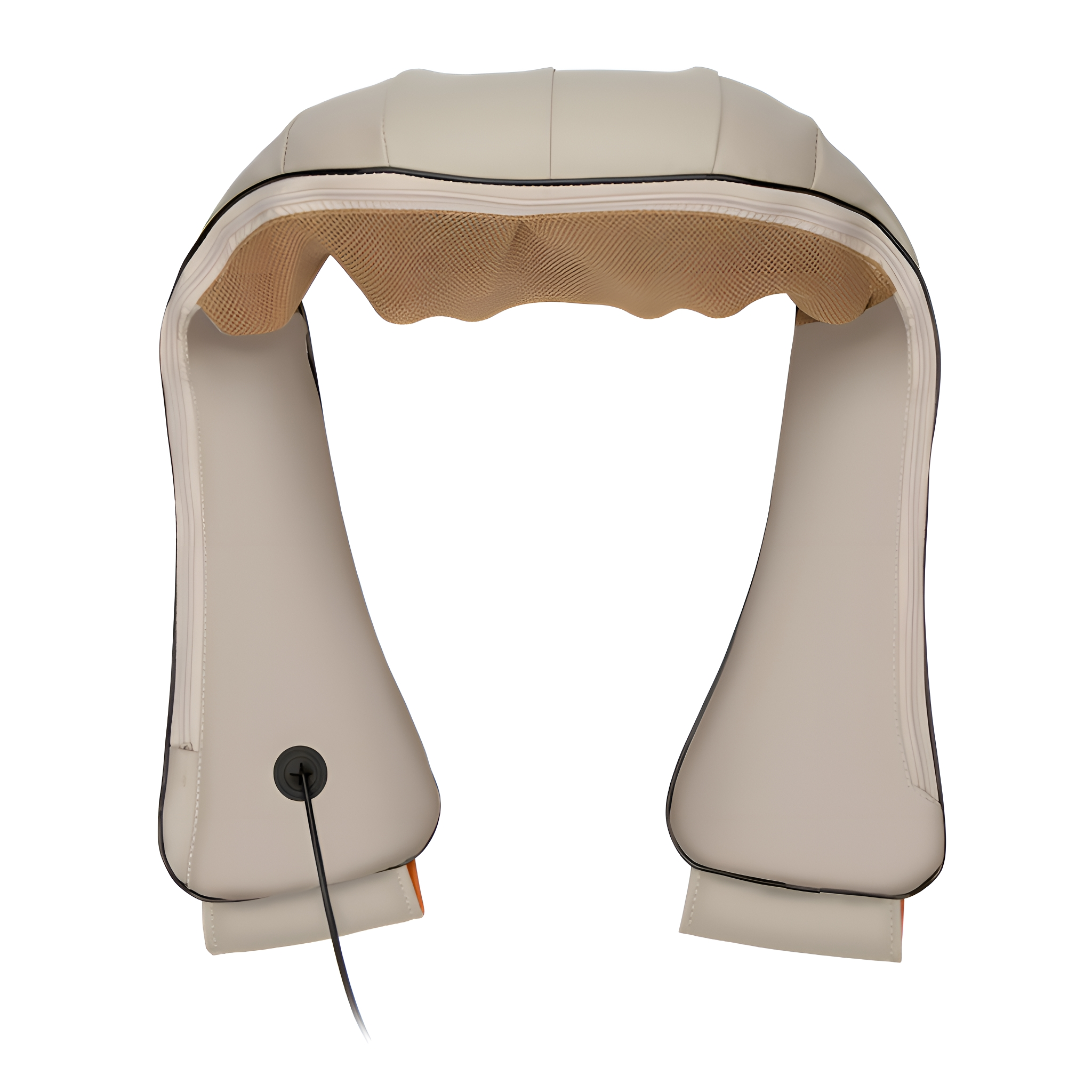 Beige Nackenmassagegerät mit schwarzem Besatz und Netzmitte.
