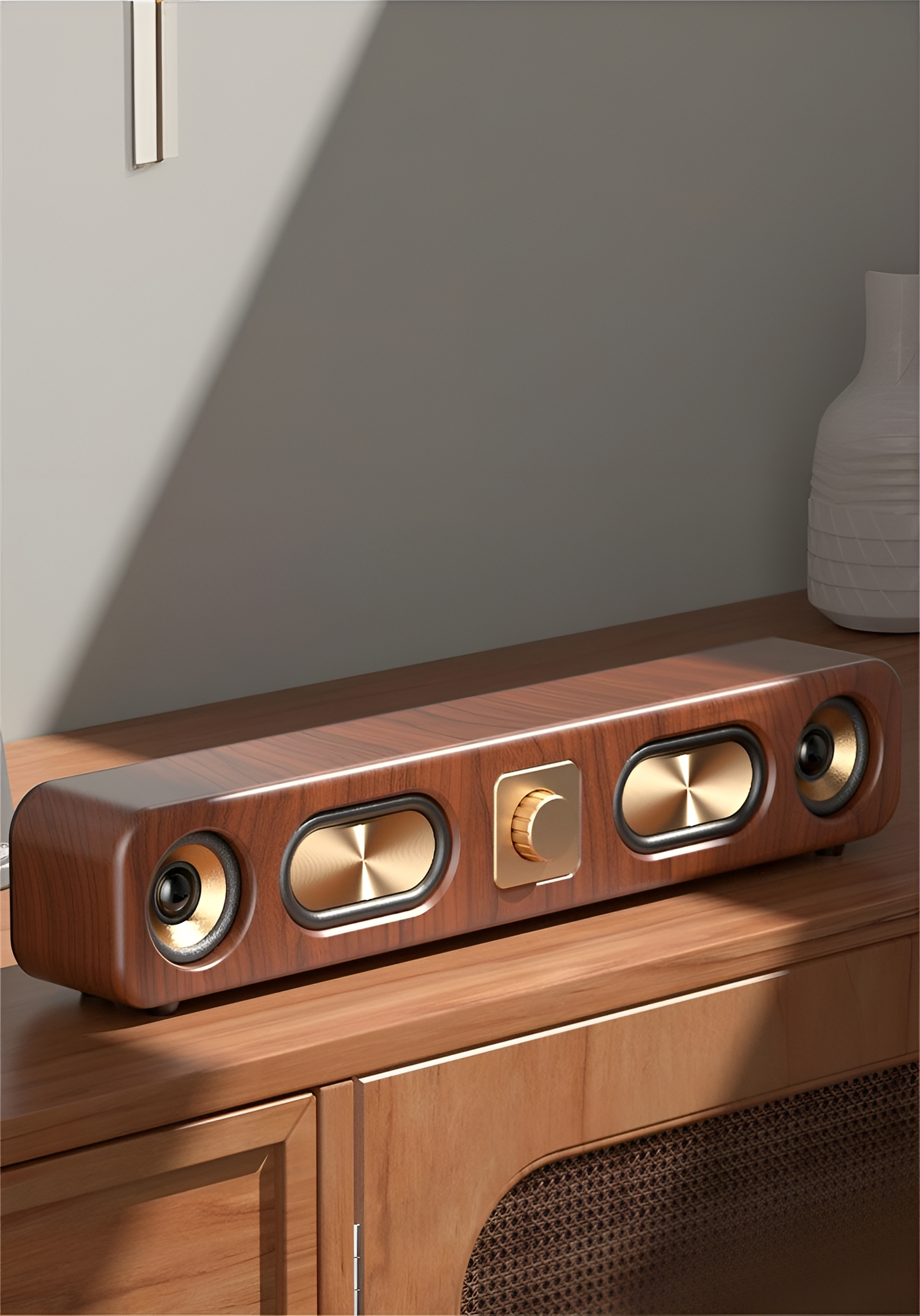 Soundbar aus Holz mit goldenen Lautsprechern und Drehknopf. Auf einem Holzschrank.