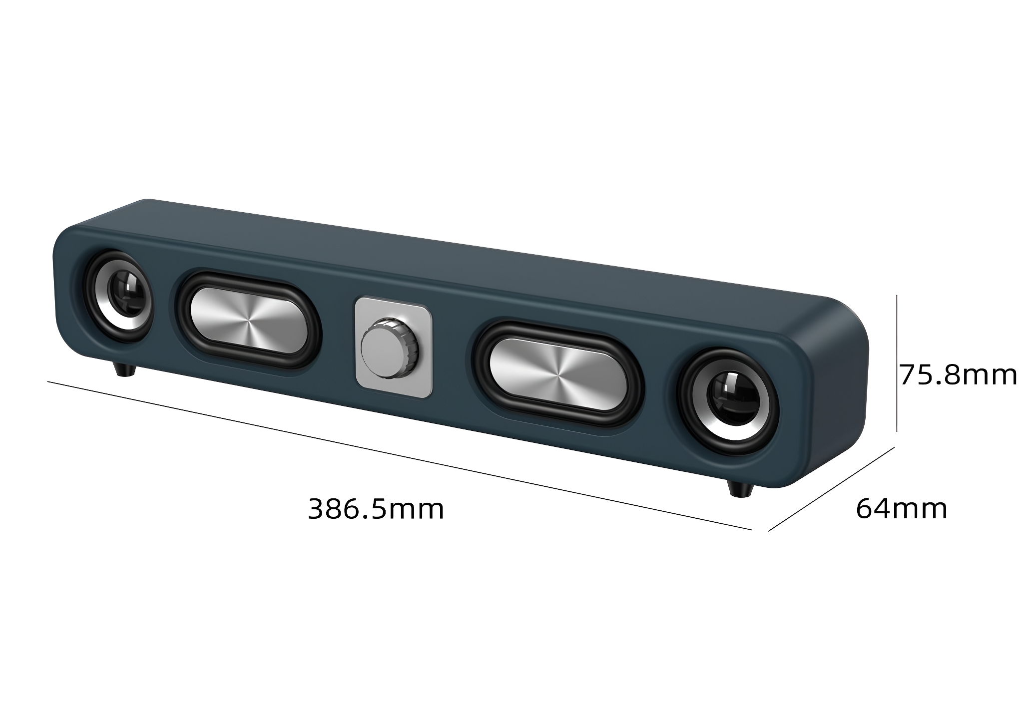 Dunkelblaue Soundbar mit Lautsprechern und einem Lautstärkeregler. Abmessungen sind an der Seite angegeben.