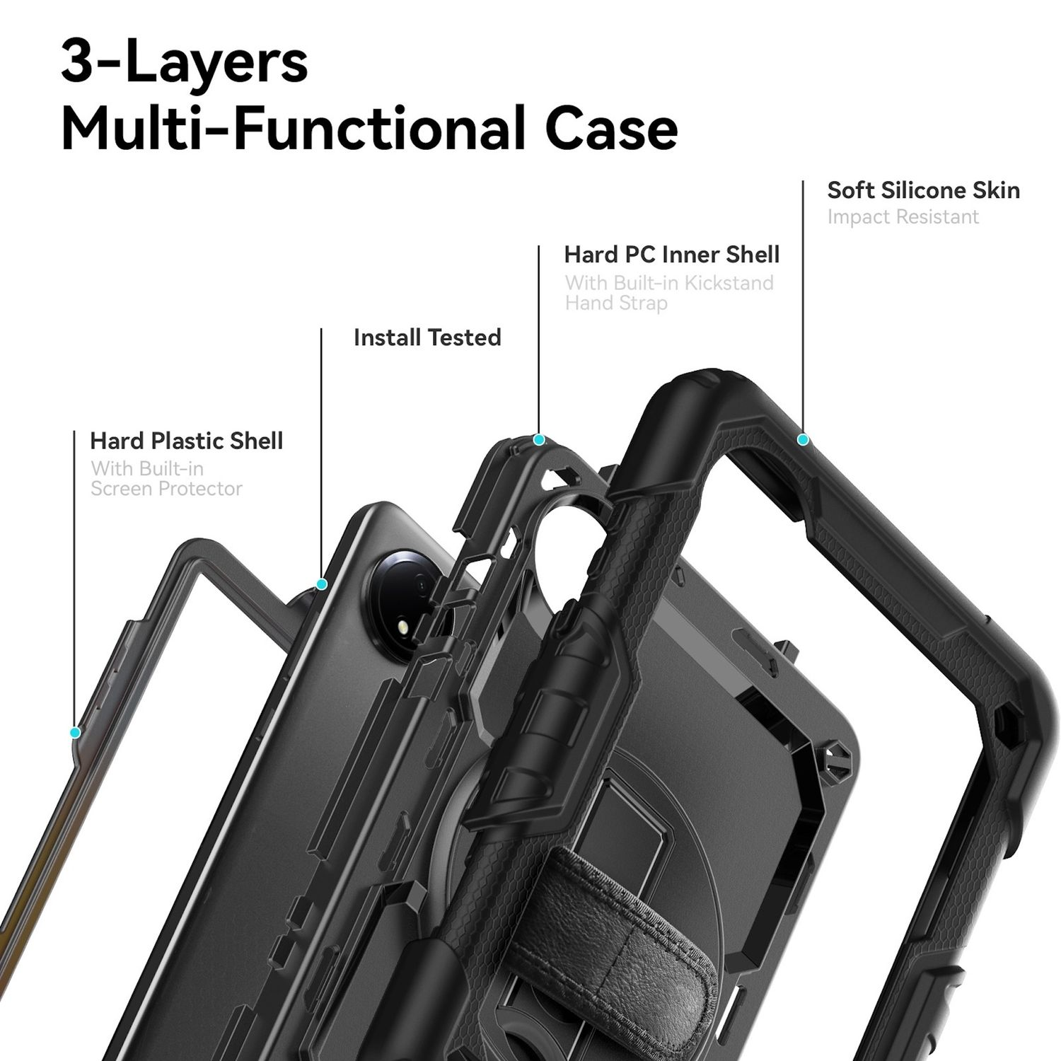 Una funda multifuncional de 3 capas para teléfono. Muestra las diferentes capas: Carcasa de plástico duro, Carcasa interna de PC rígida y Piel de silicona suave.