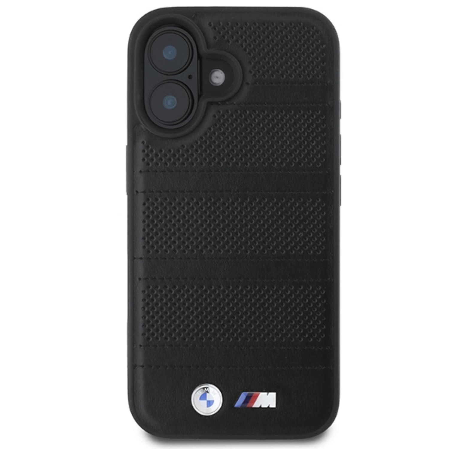 Custodia nera per telefono con logo BMW e superficie strutturata, fotocamera visibile.