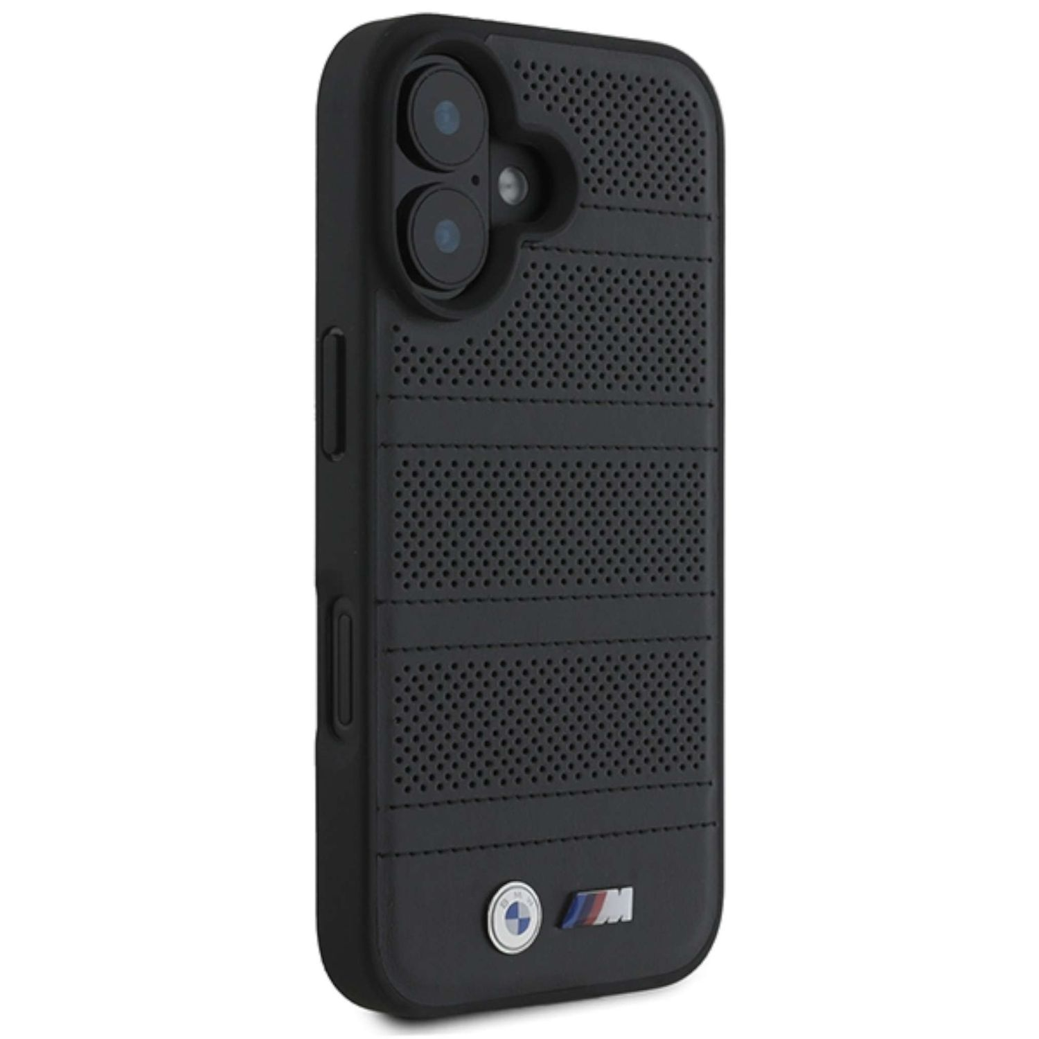 Una custodia nera per telefono con logo BMW e un ritaglio per la fotocamera. La custodia ha un design strutturato.