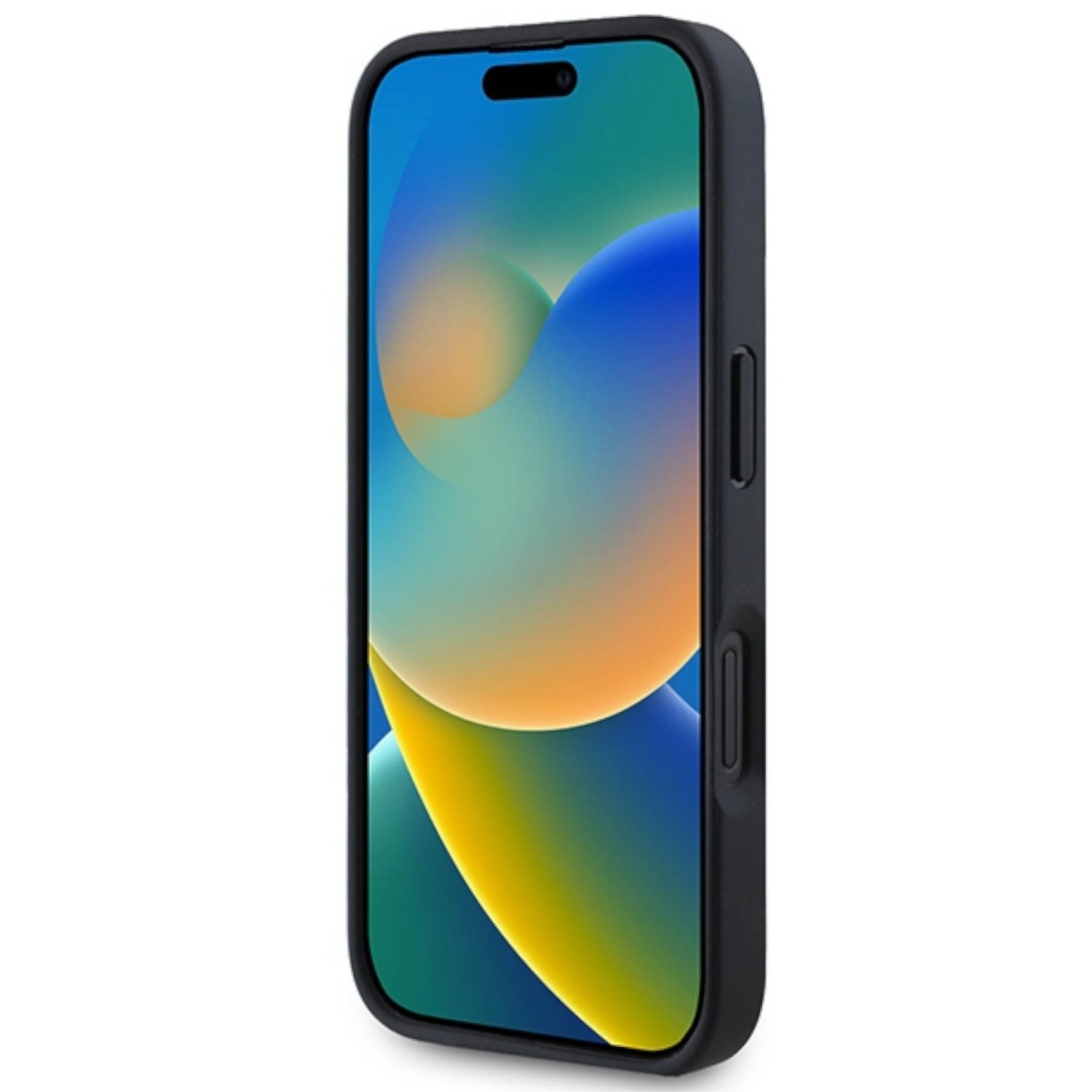 Uno smartphone nero con schermo colorato, in una custodia.