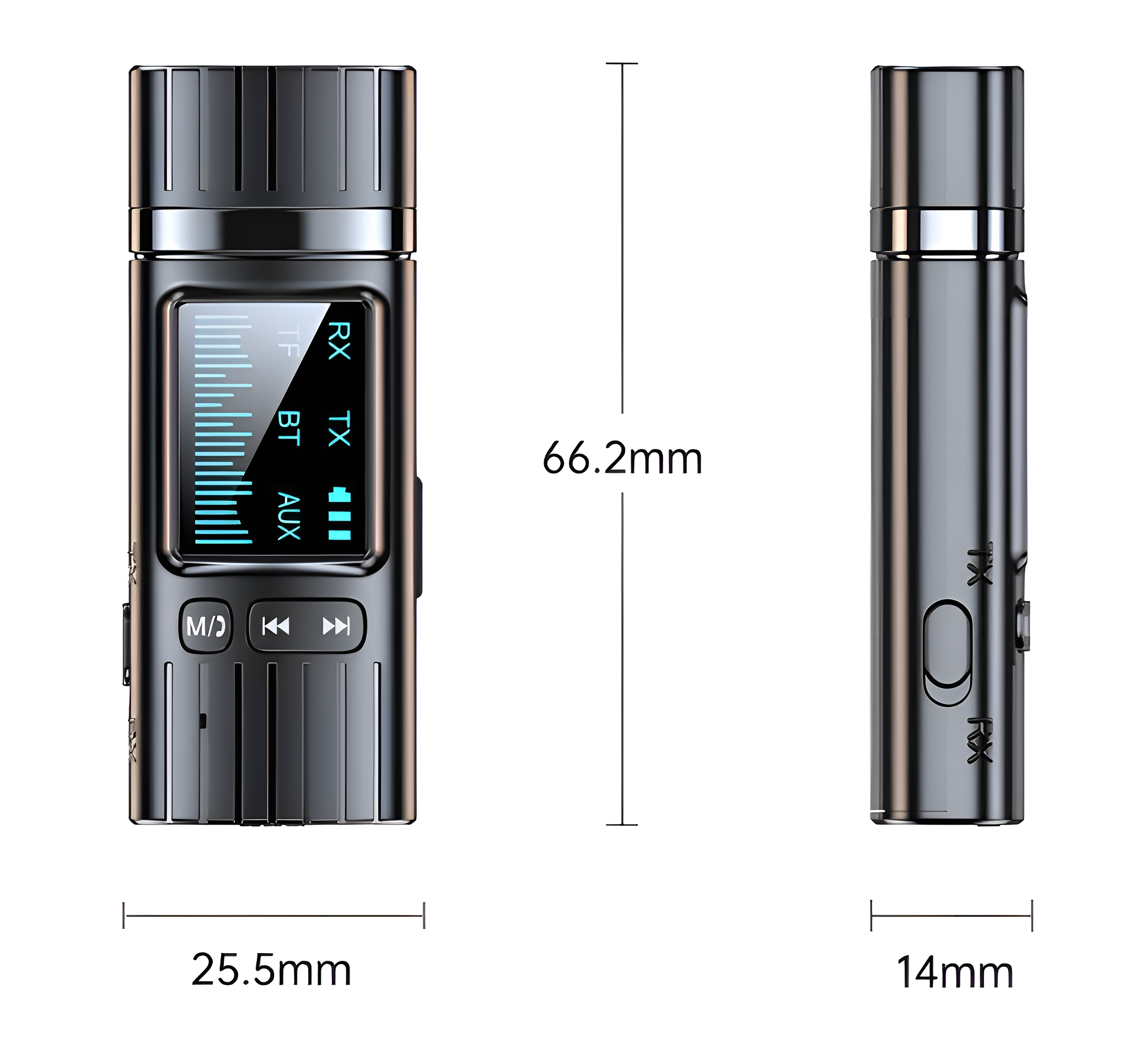 Schwarzer Bluetooth-Audioempfänger. Zeigt RX, TX, BT und AUX. Misst 66,2 mm lang und 25,5 mm breit.